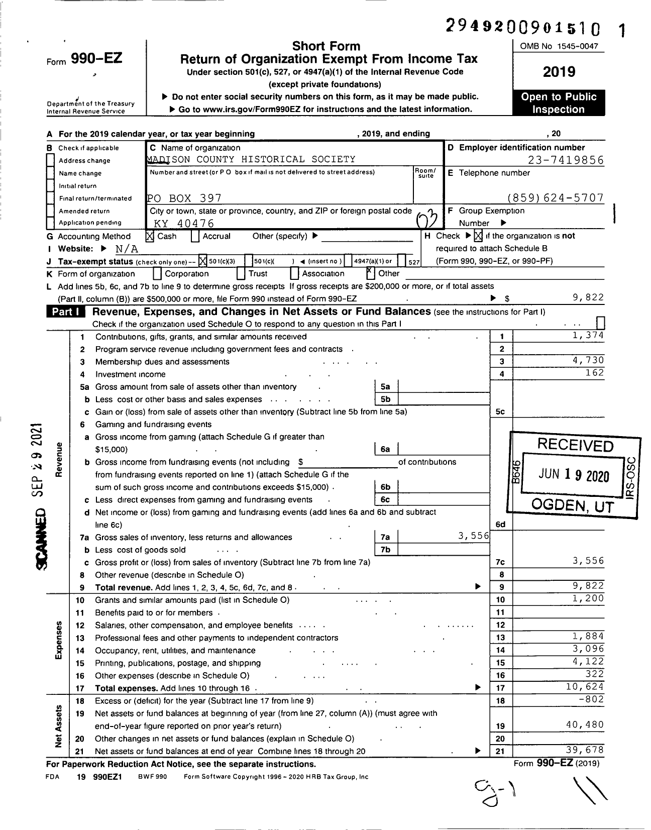 Image of first page of 2019 Form 990EZ for Madison County Historical Society