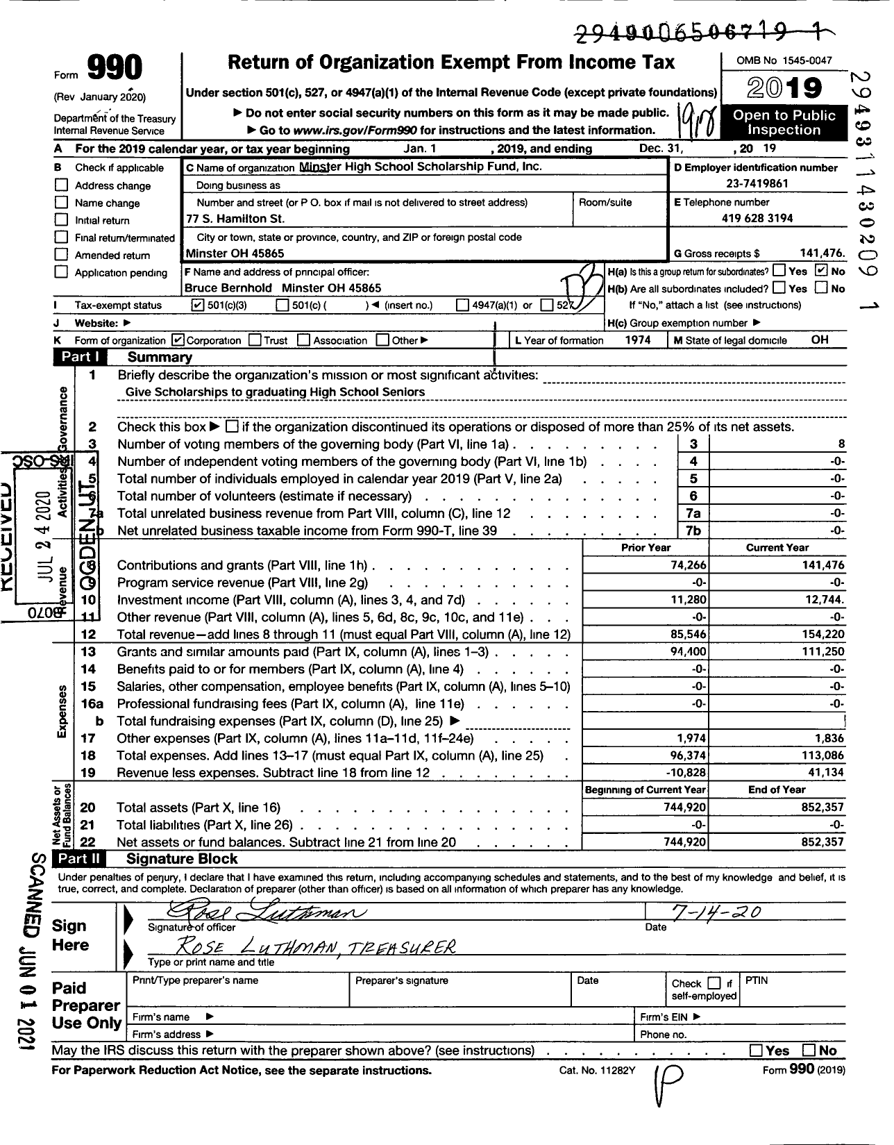 Image of first page of 2019 Form 990 for Minster High School Scholarship Fund