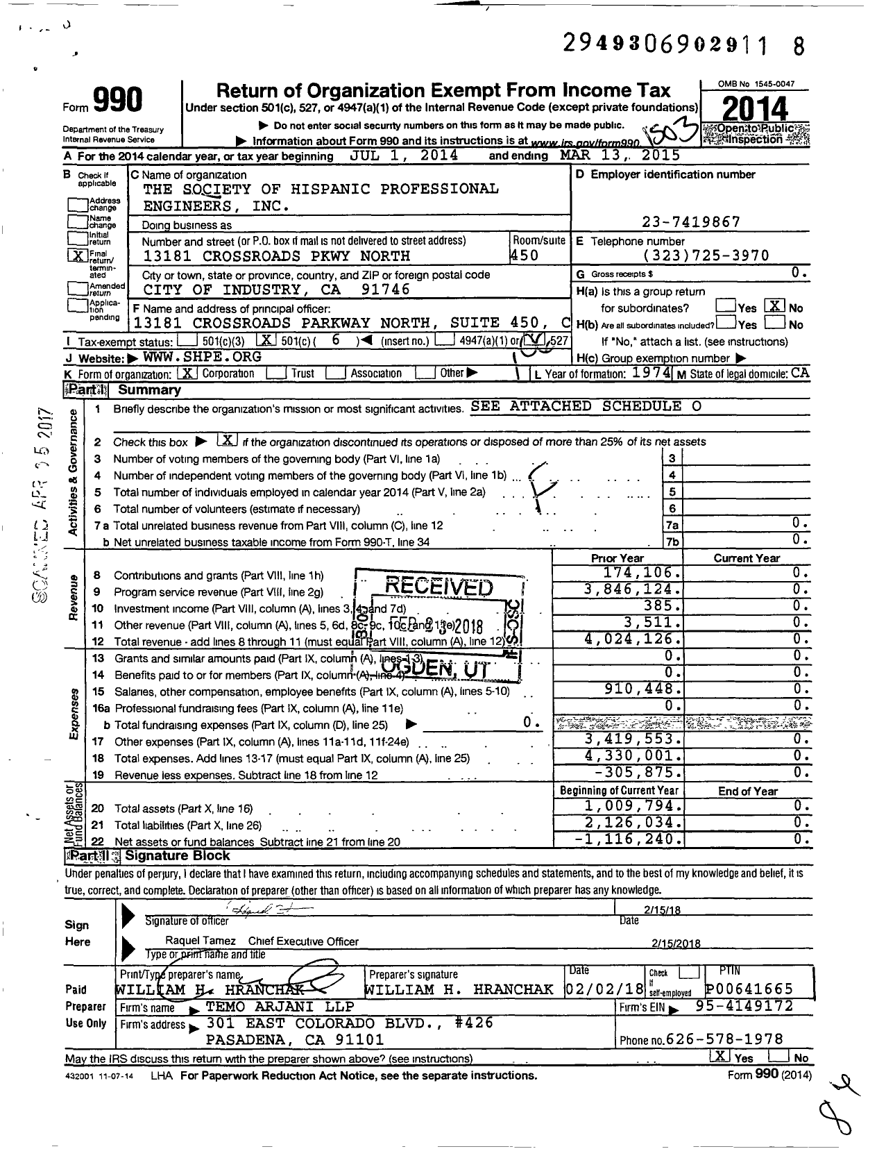 Image of first page of 2014 Form 990O for Society of Hispanic Professional Engineers (SHPE)