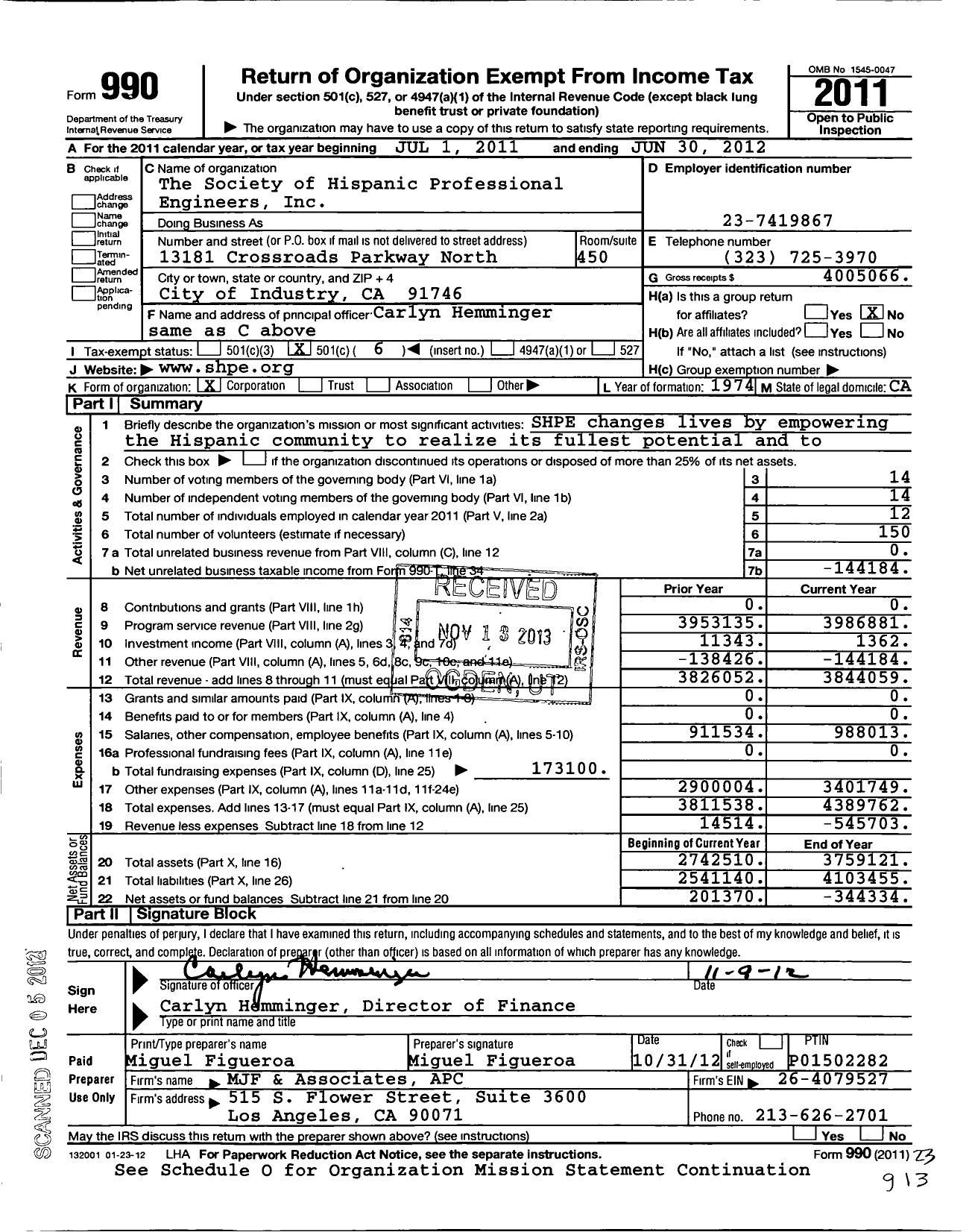 Image of first page of 2011 Form 990O for Society of Hispanic Professional Engineers (SHPE)