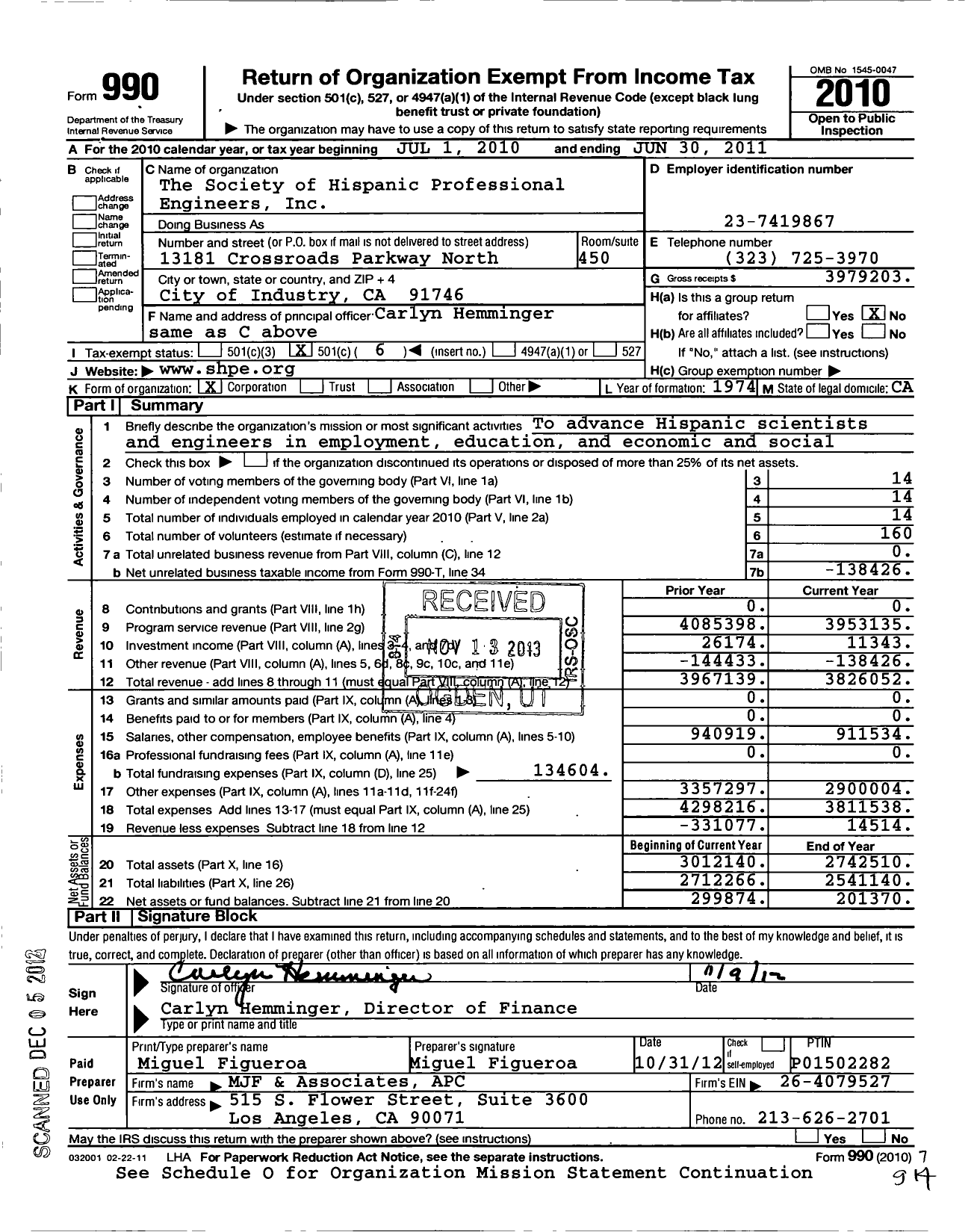 Image of first page of 2010 Form 990O for Society of Hispanic Professional Engineers (SHPE)