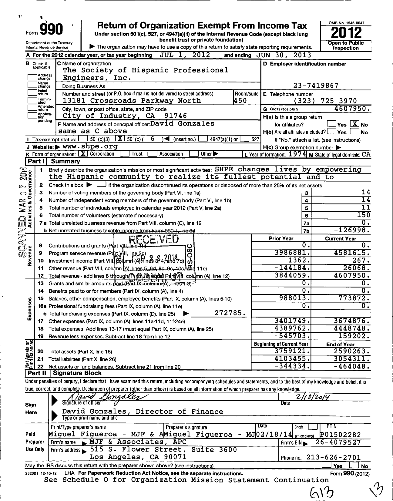 Image of first page of 2012 Form 990O for Society of Hispanic Professional Engineers (SHPE)
