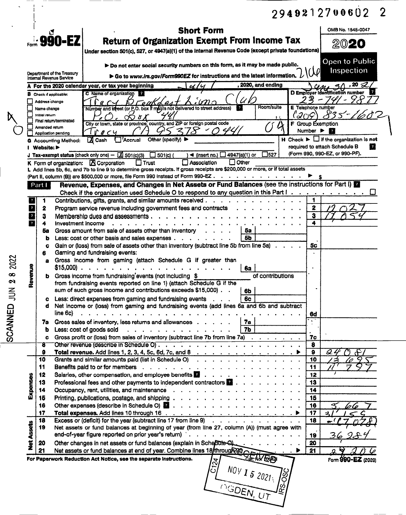 Image of first page of 2020 Form 990EO for Lions Clubs - 2302 Tracy Breakfast