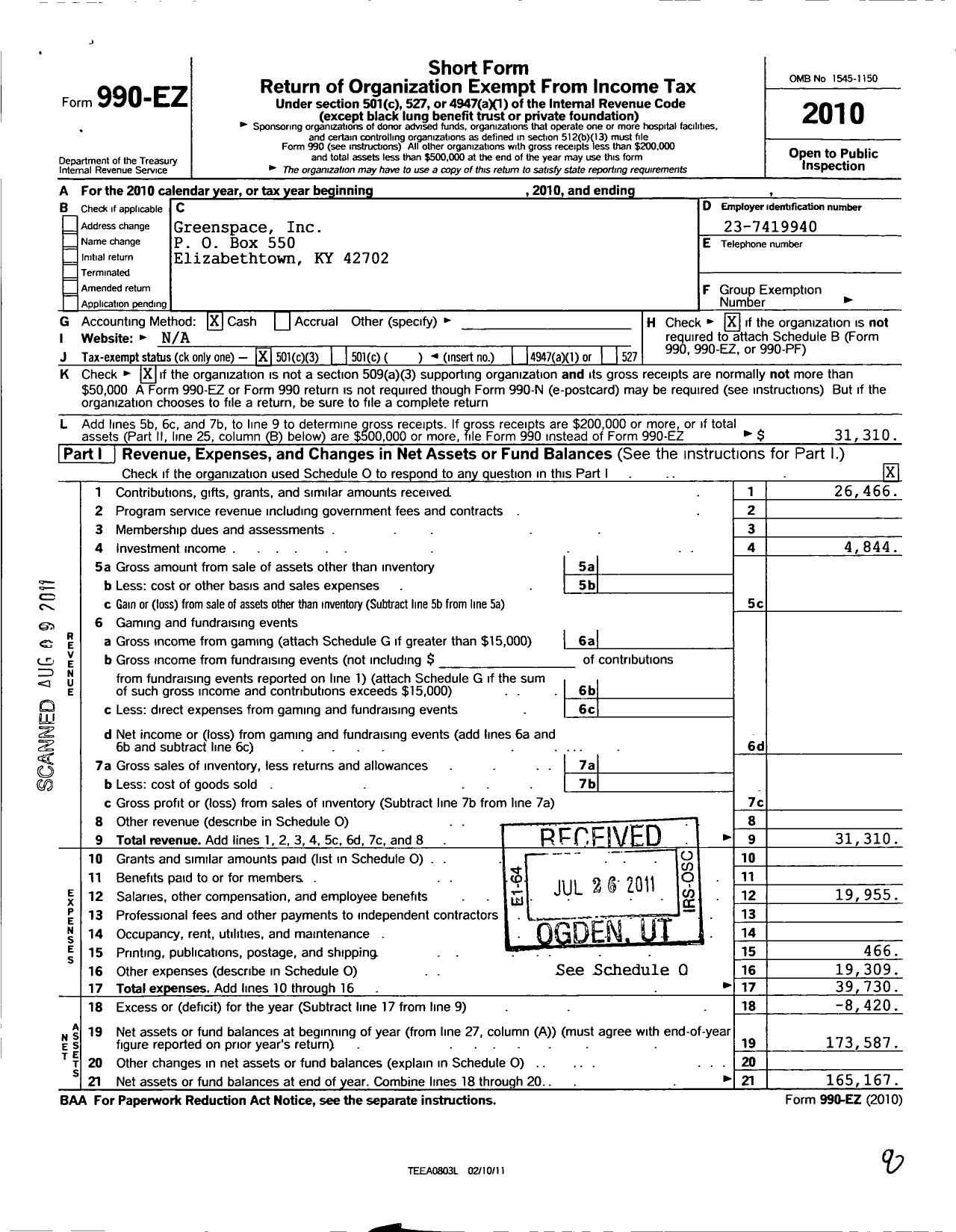 Image of first page of 2010 Form 990EZ for Greenspace