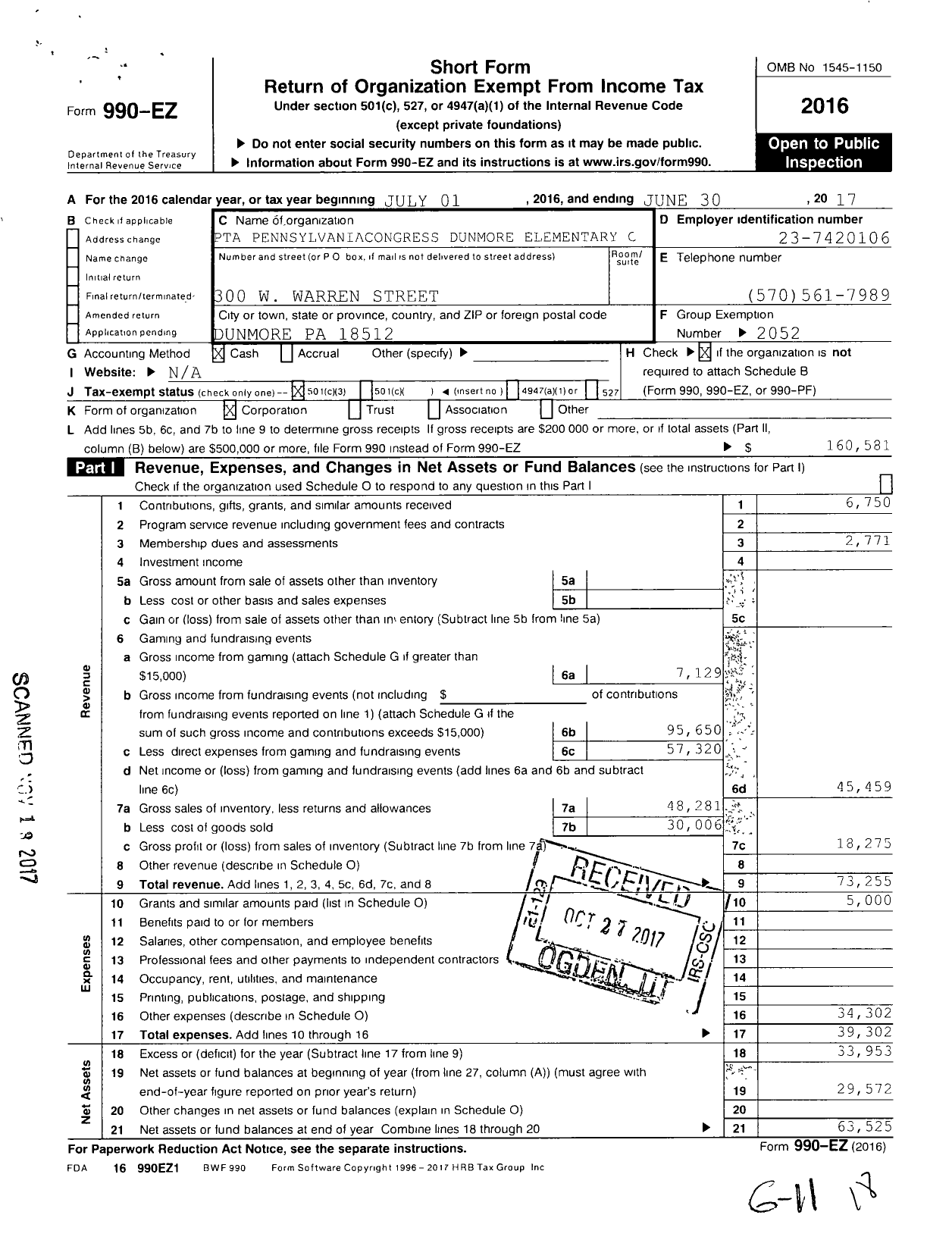 Image of first page of 2016 Form 990EZ for PTA Pennsylvania Congress / Dunmore Elementary Center PTA