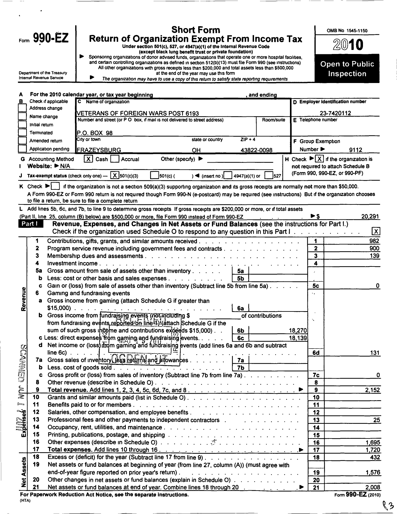 Image of first page of 2010 Form 990EZ for Ohio VFW - Veterans of Foreign Wars of the United States Department of Ohio