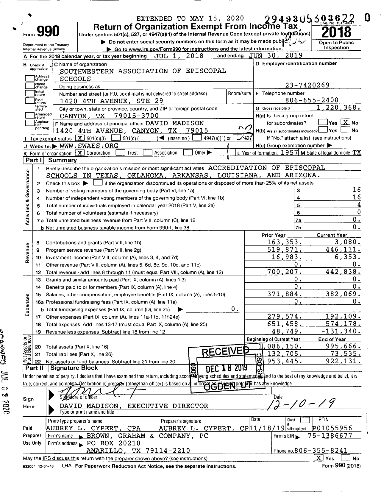 Image of first page of 2018 Form 990 for Southwestern Association of Episcopal Schools