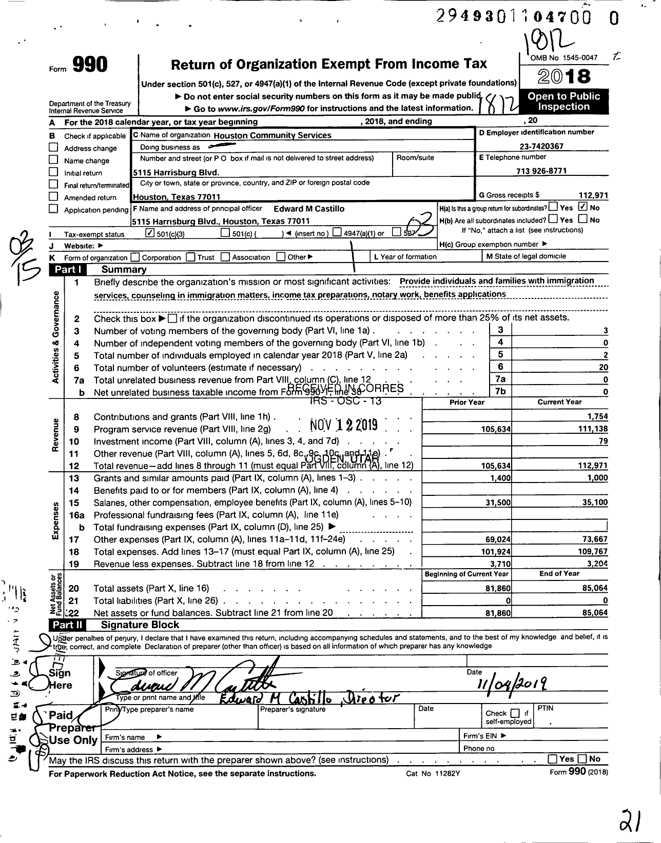 Image of first page of 2018 Form 990 for Houston Community Services