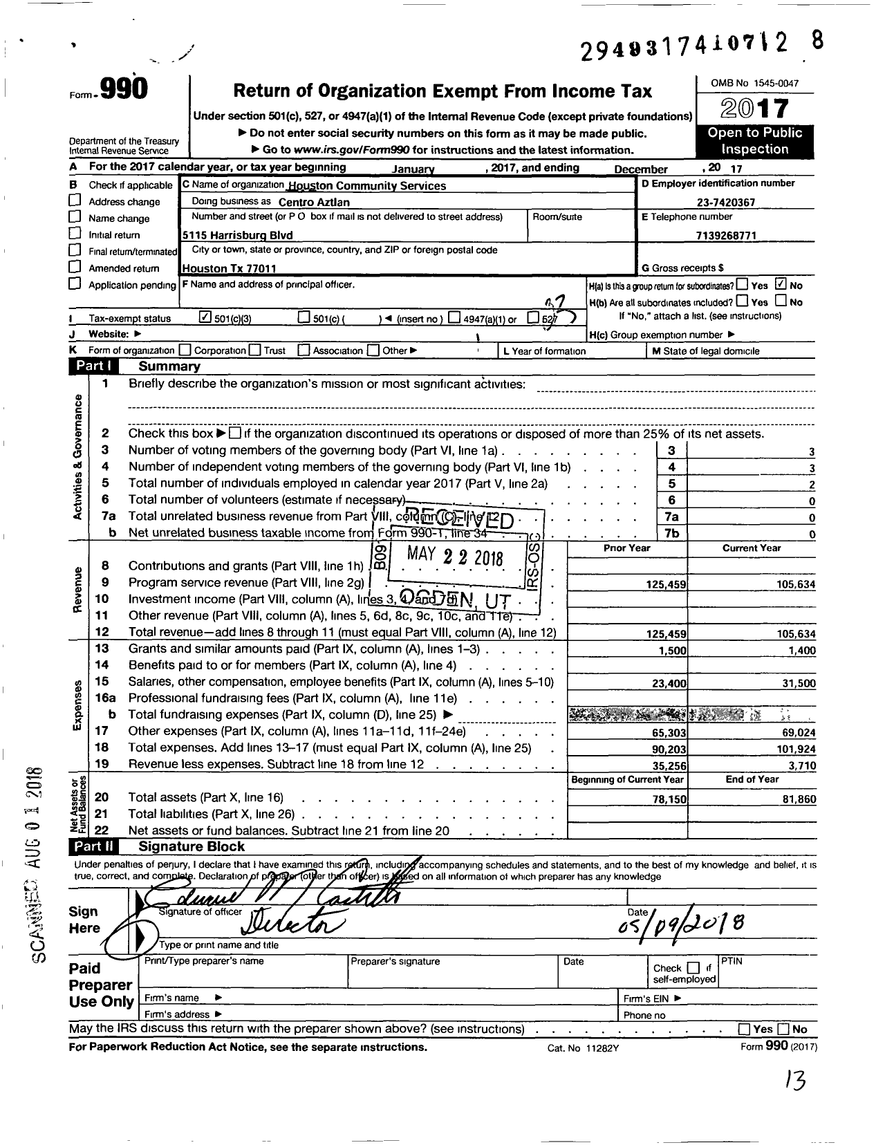 Image of first page of 2017 Form 990 for Houston Community Services