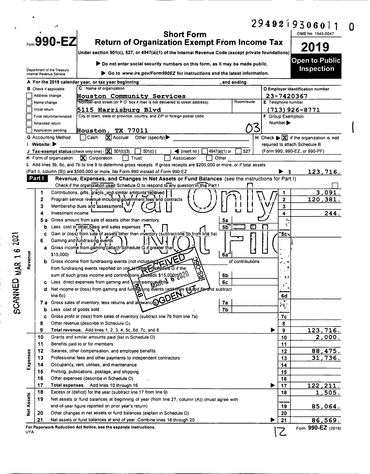 Image of first page of 2019 Form 990EZ for Houston Community Services