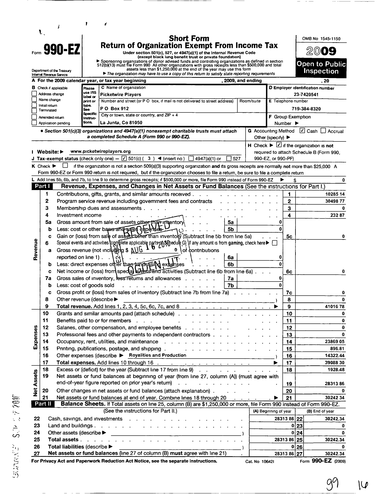 Image of first page of 2009 Form 990EZ for Picketwire Players