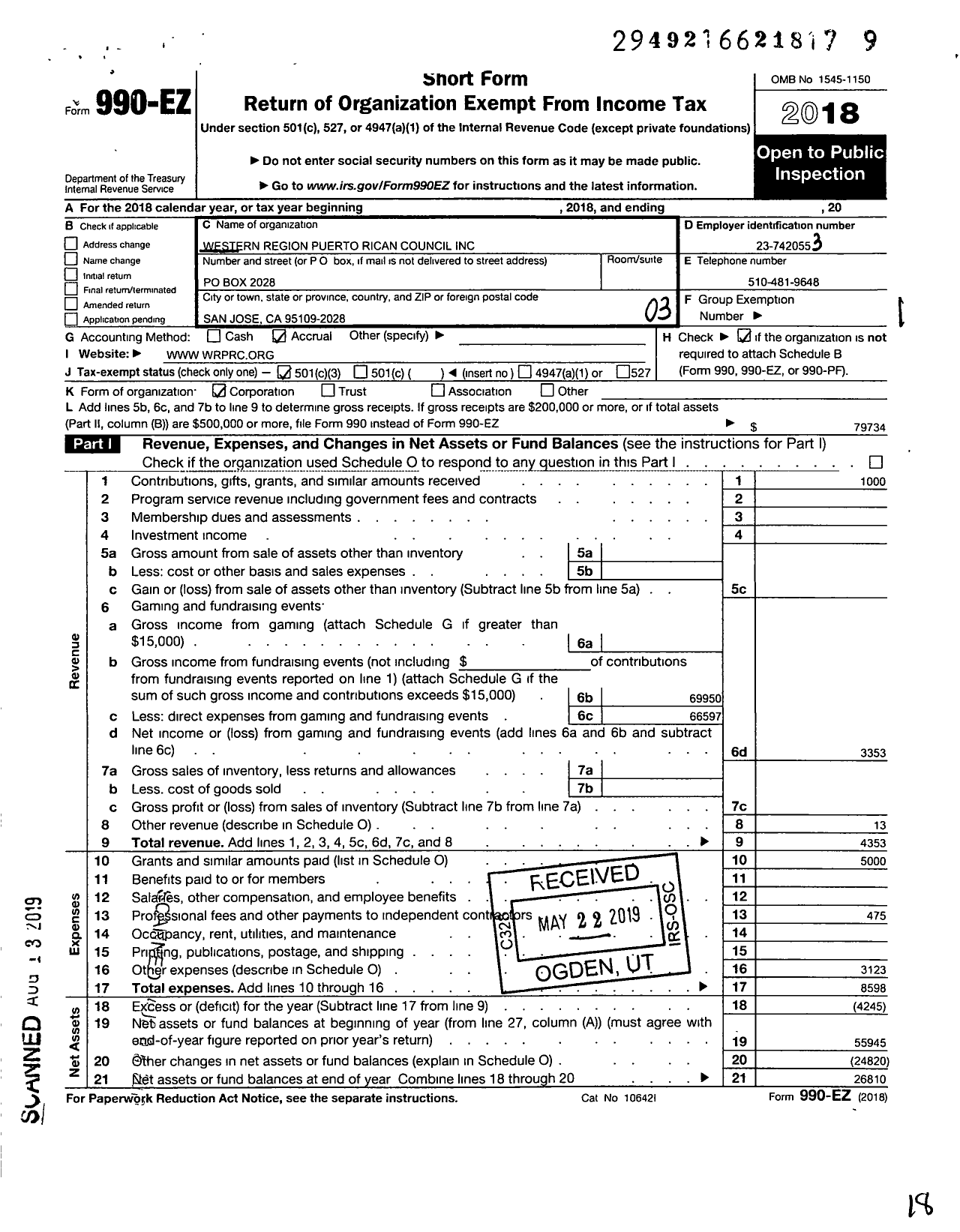 Image of first page of 2018 Form 990EZ for Western Region Puerto Rican Council