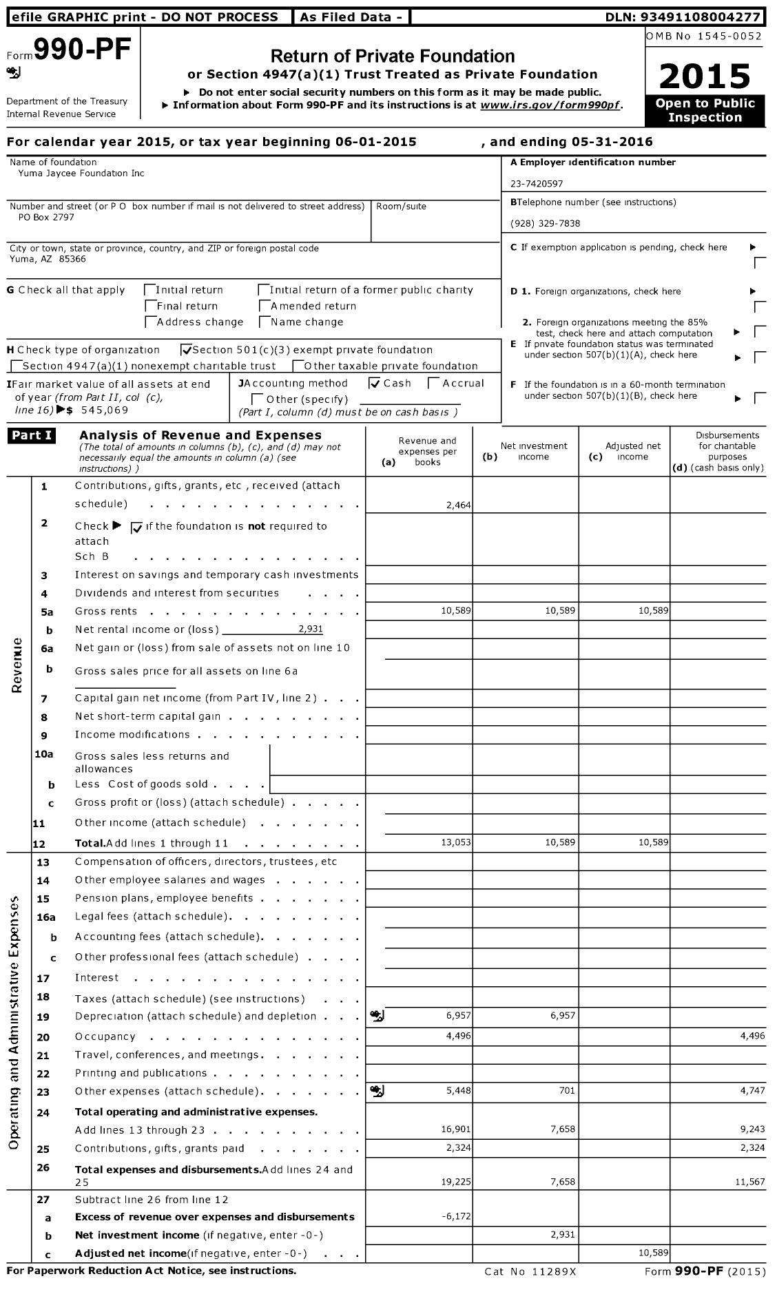 Image of first page of 2015 Form 990PF for Yuma Jaycee Foundation