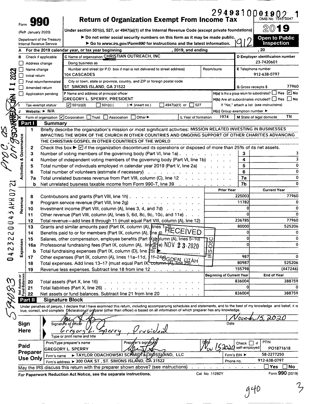 Image of first page of 2019 Form 990 for Christian Outreach