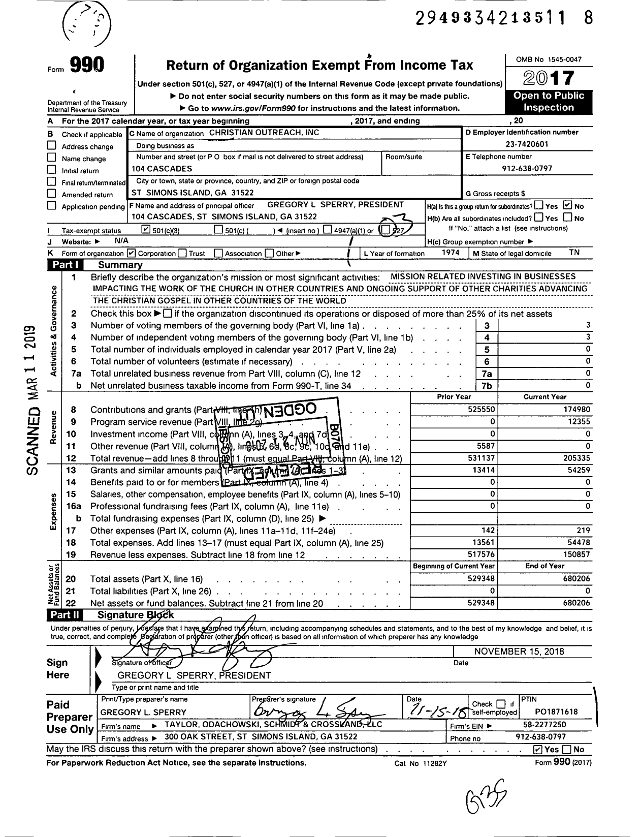 Image of first page of 2017 Form 990 for Christian Outreach