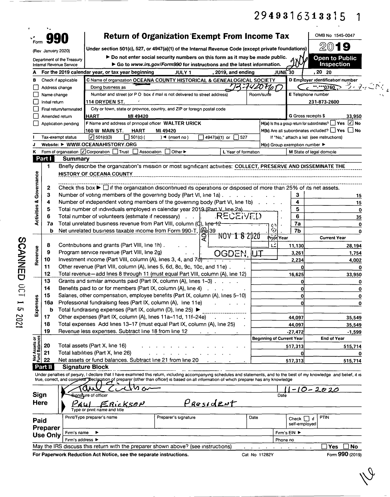 Image of first page of 2019 Form 990 for Oceana County Historical and Genealogical Society