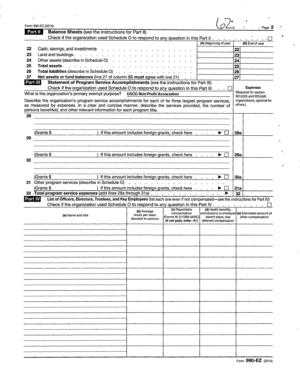 Image of first page of 2015 Form 990ER for United States Coast Guard Chief Petty Officers Association / Kodiak Chapter Cpoa