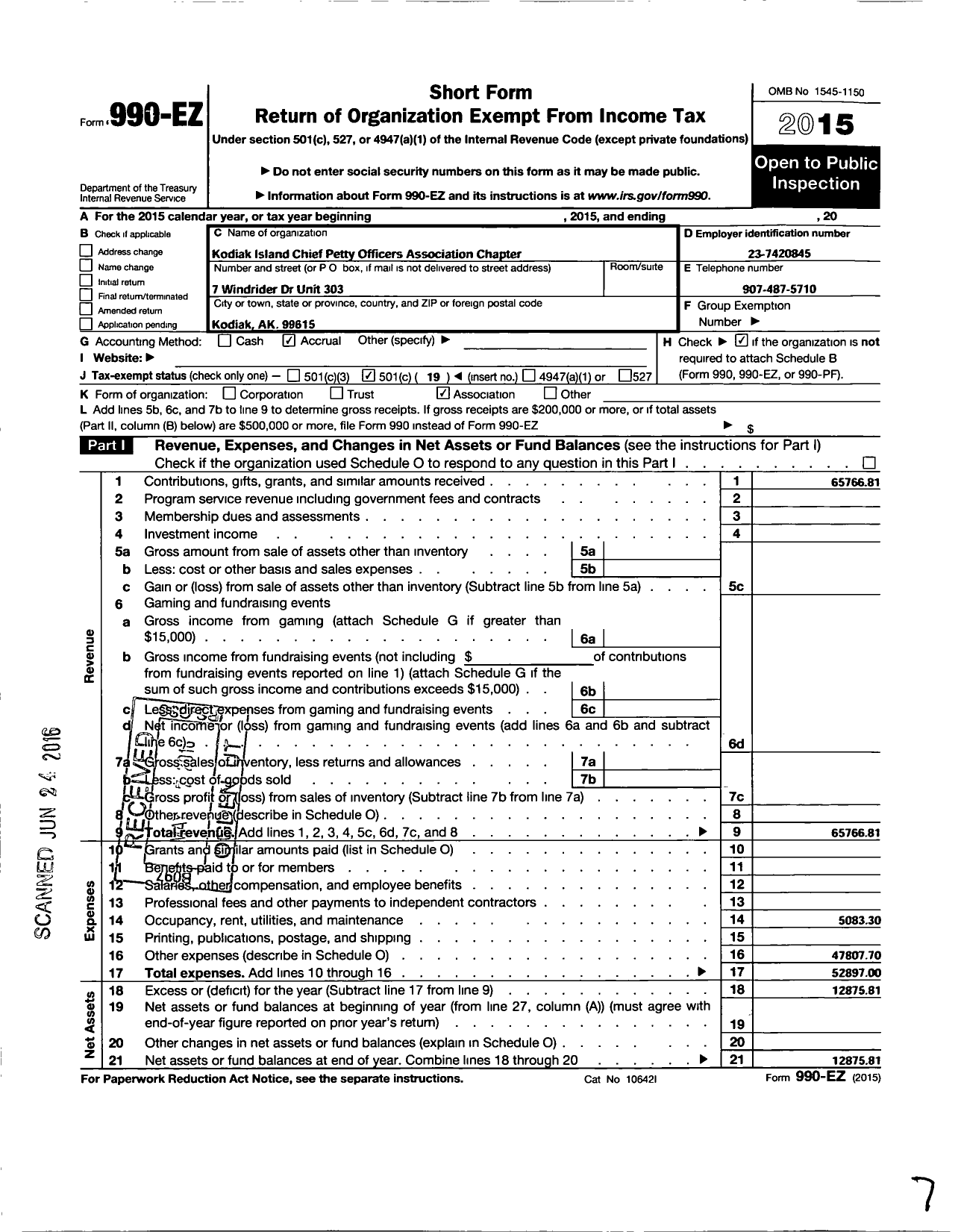 Image of first page of 2015 Form 990EO for United States Coast Guard Chief Petty Officers Association / Kodiak Chapter Cpoa