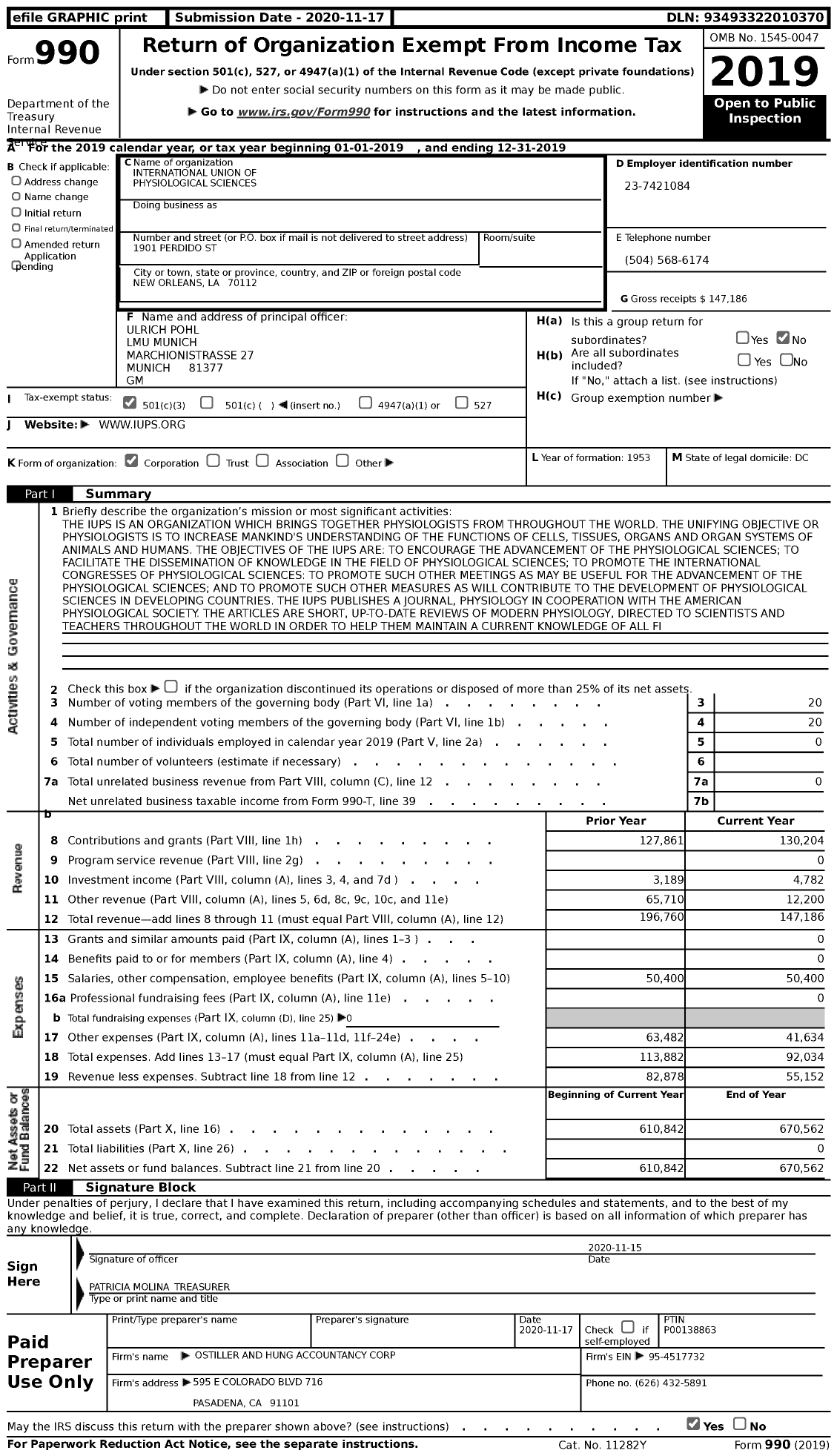 Image of first page of 2019 Form 990 for International Union of Physiological Sciences