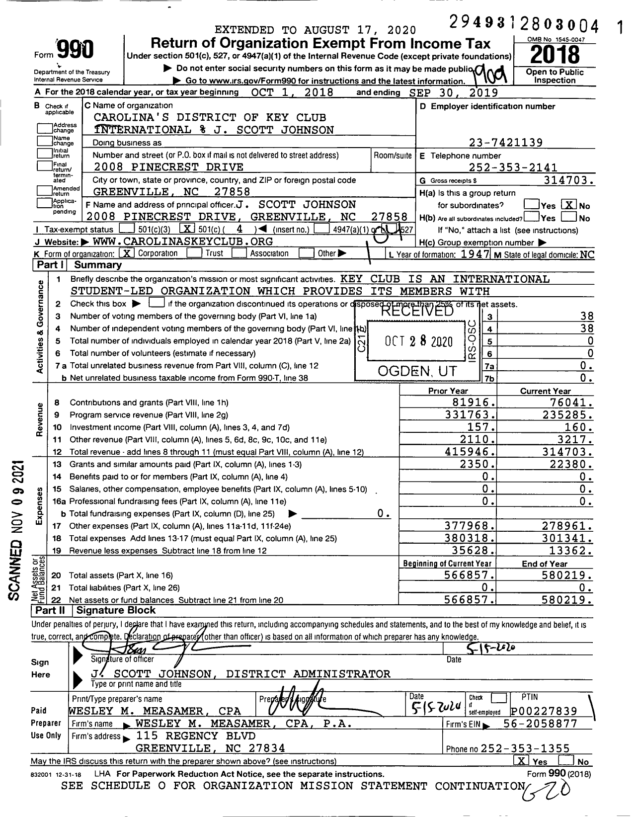 Image of first page of 2018 Form 990O for Carolina's District of Key Club