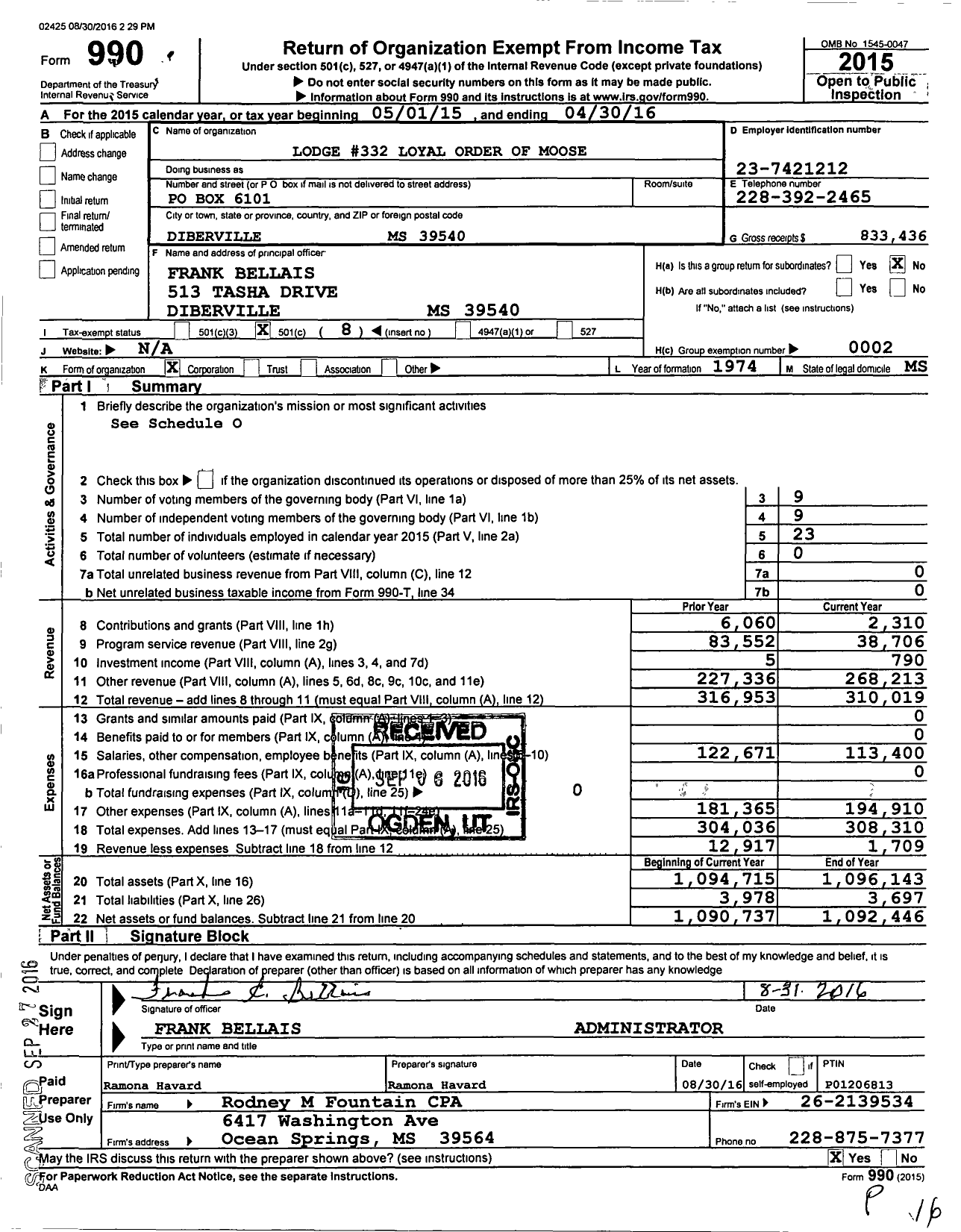 Image of first page of 2015 Form 990O for Loyal Order of Moose - 332