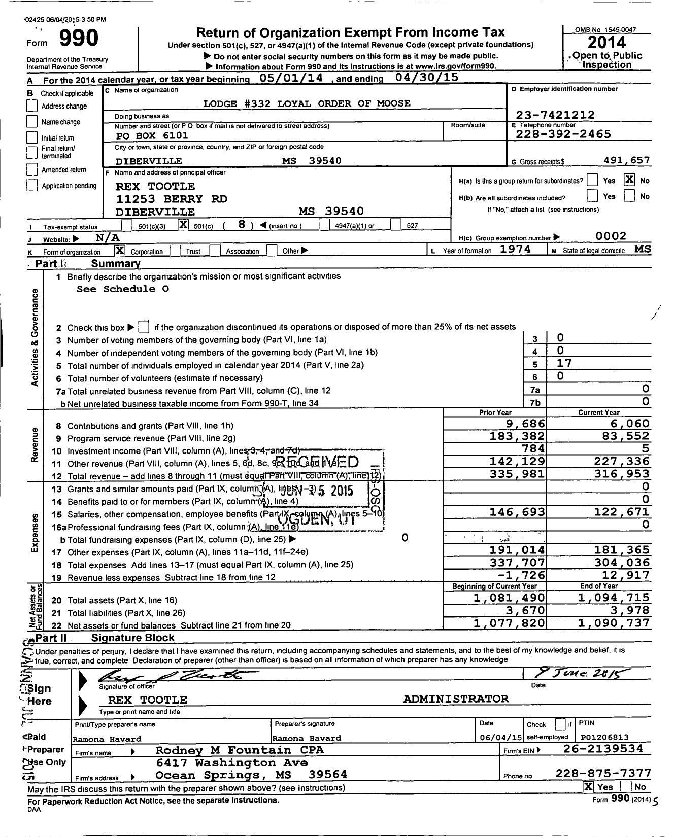 Image of first page of 2014 Form 990O for Loyal Order of Moose - 332