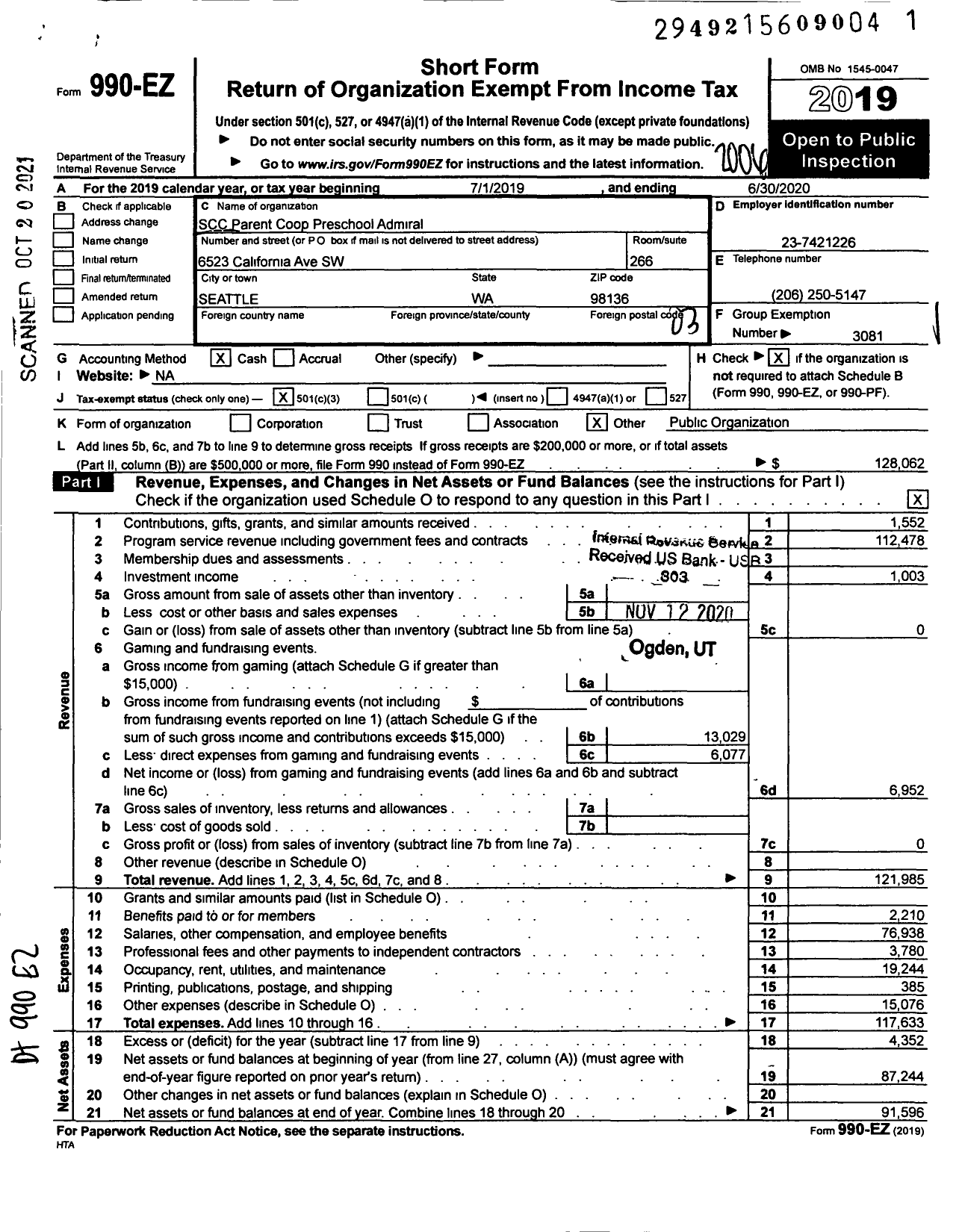 Image of first page of 2019 Form 990EZ for SEATTLE COMMUNITY COLLEGE PARENT COOPERATIVE PRESCHOOL Admiral COOPERATIVE PRESCHOOL