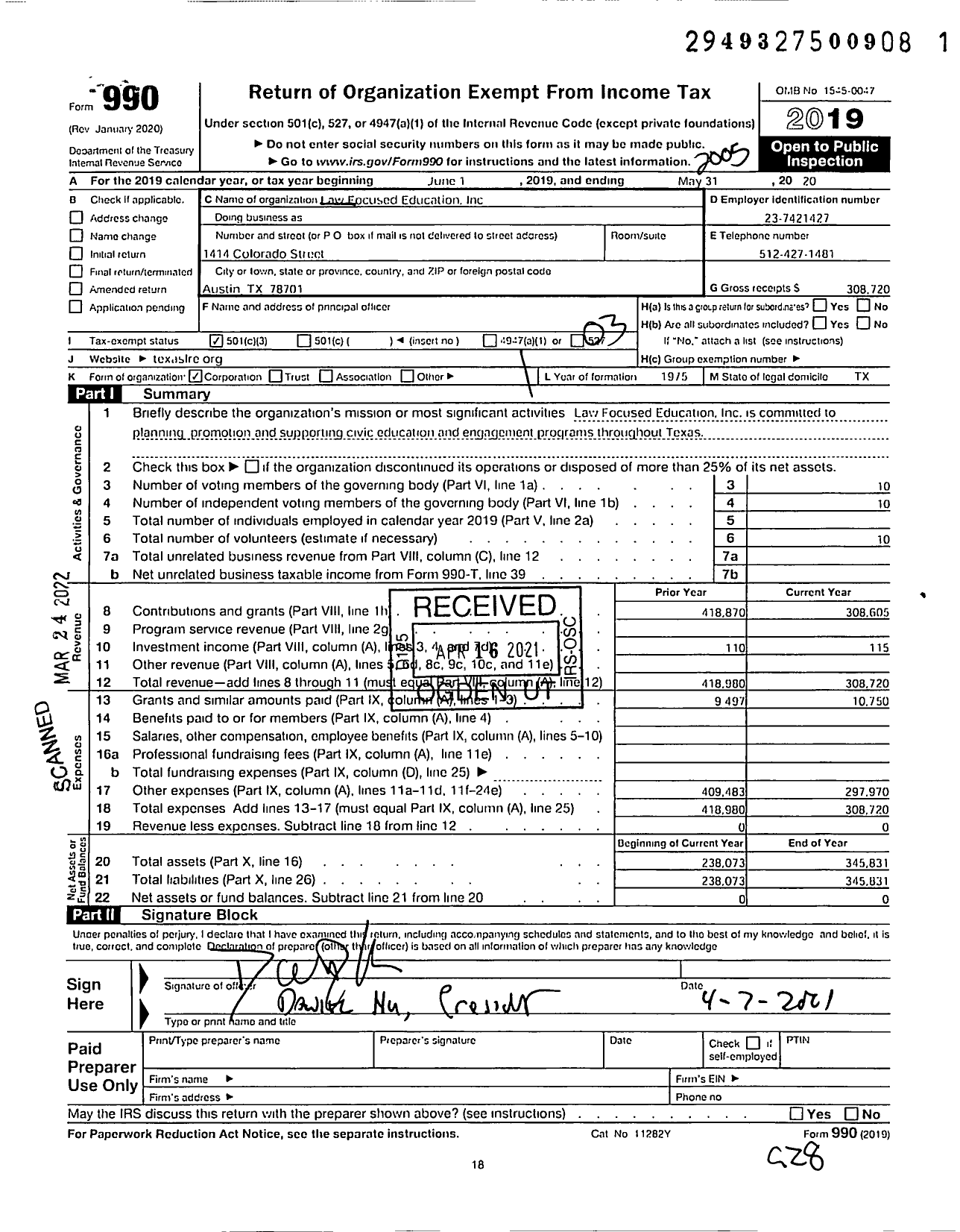 Image of first page of 2019 Form 990 for Law Focused Education