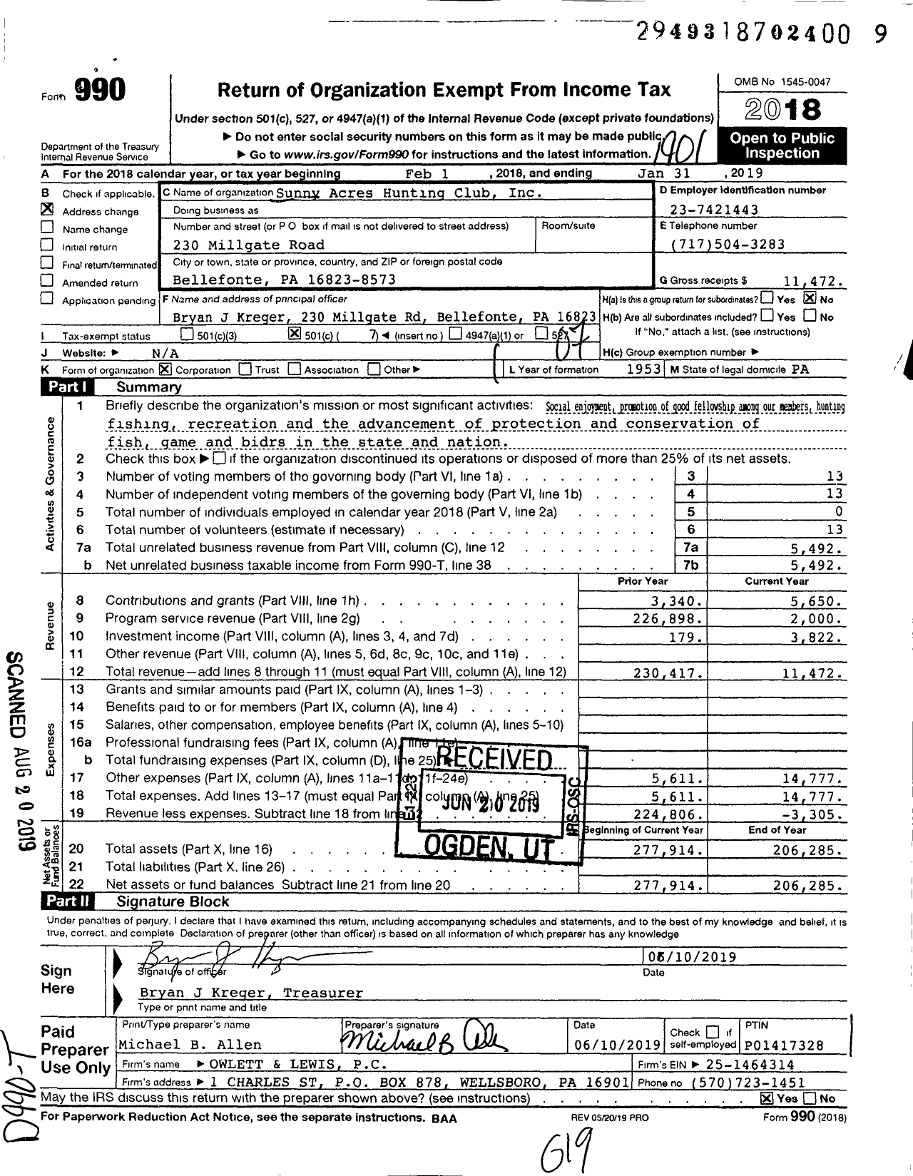 Image of first page of 2018 Form 990O for Sunny Acres Hunting Club