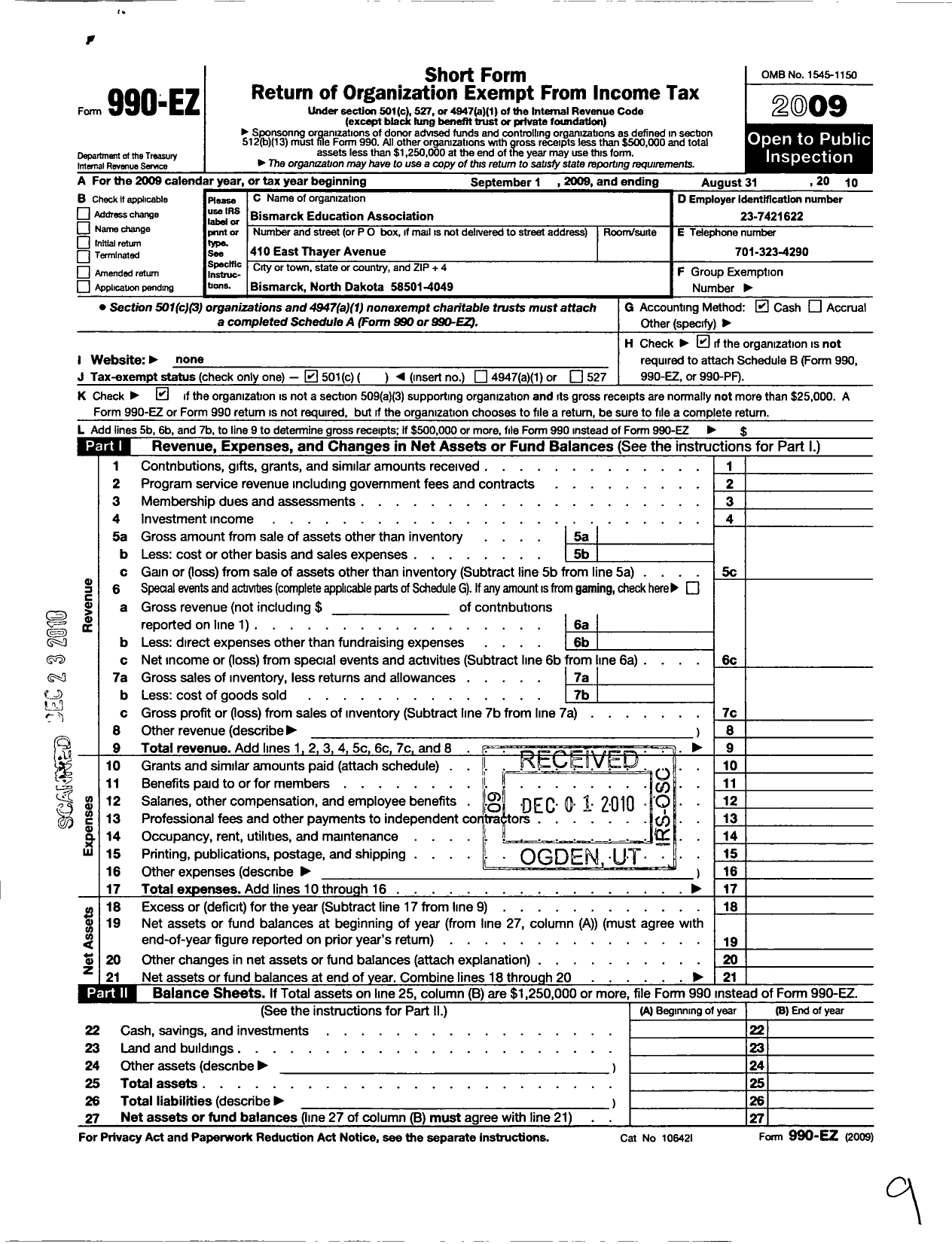 Image of first page of 2009 Form 990EO for Bismarck Education Association