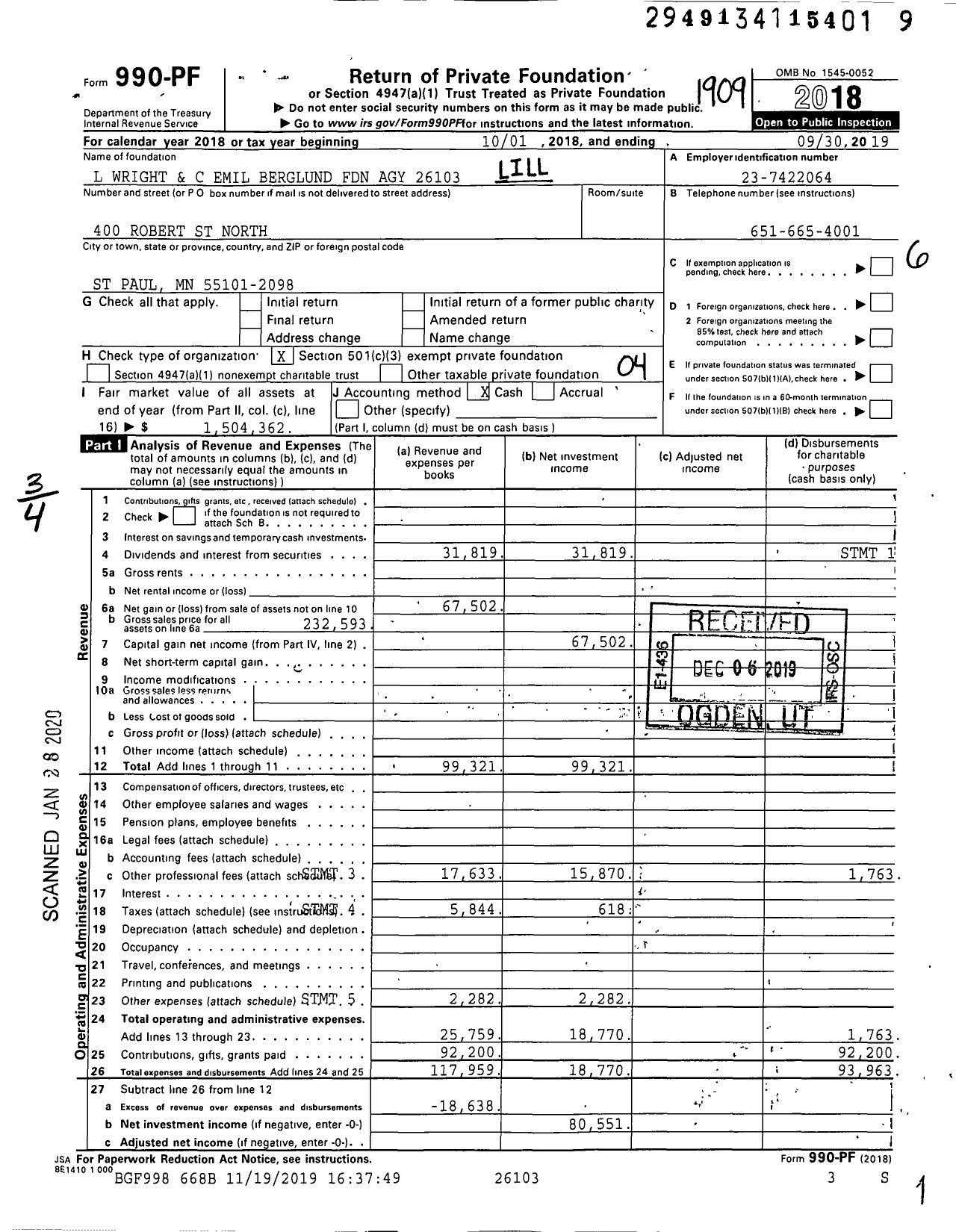 Image of first page of 2018 Form 990PF for Lilian Wright and C Emil Berglund Foundation