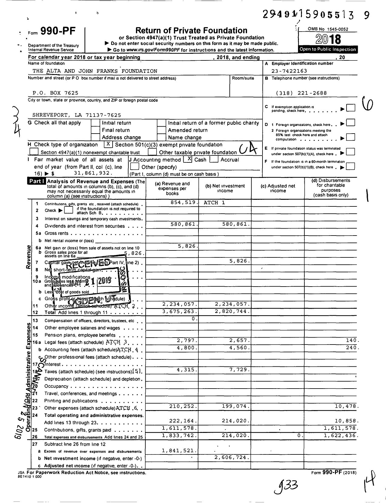 Image of first page of 2018 Form 990PF for The Alta and John Franks Foundation