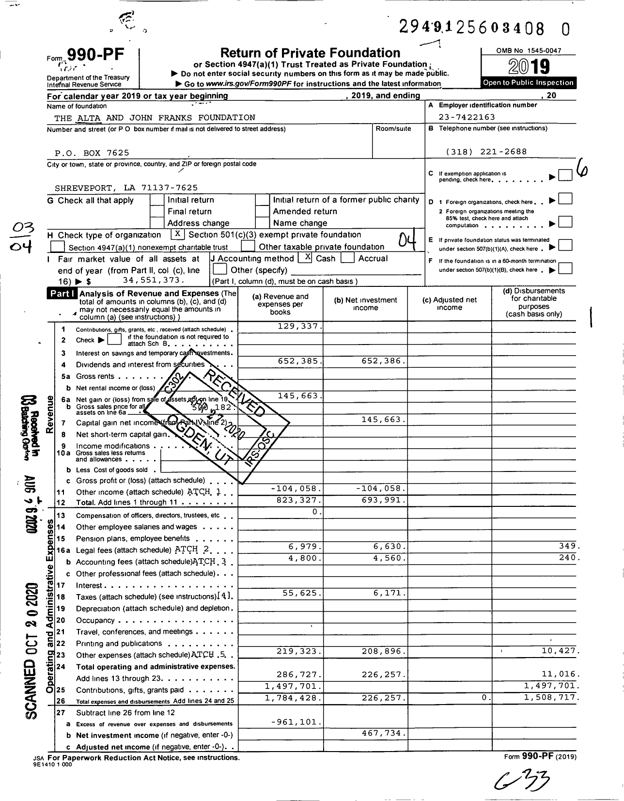 Image of first page of 2019 Form 990PR for The Alta and John Franks Foundation