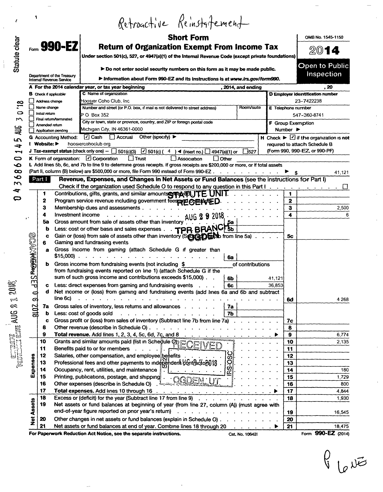 Image of first page of 2014 Form 990EOA for Hoosier Coho Club