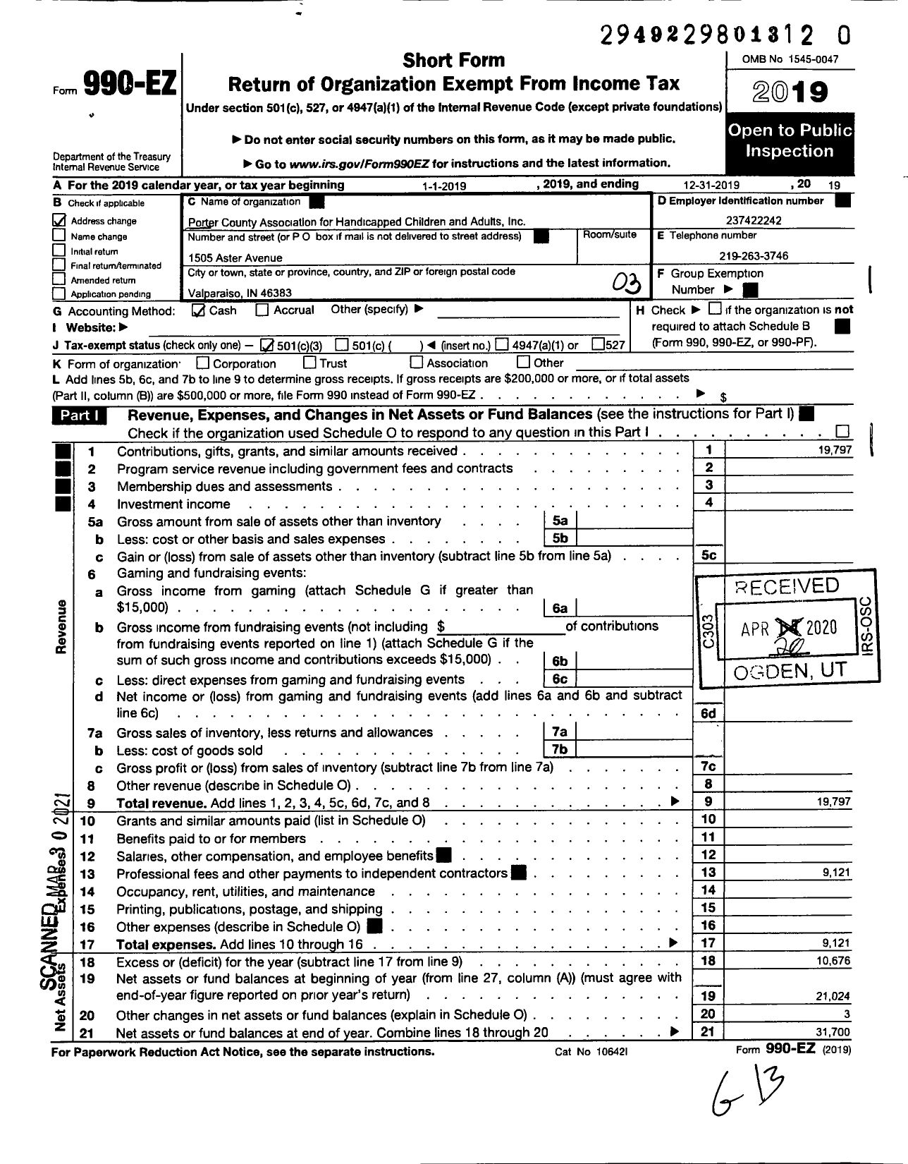 Image of first page of 2019 Form 990EZ for Porter County Association for Handicapped Children and Adults in