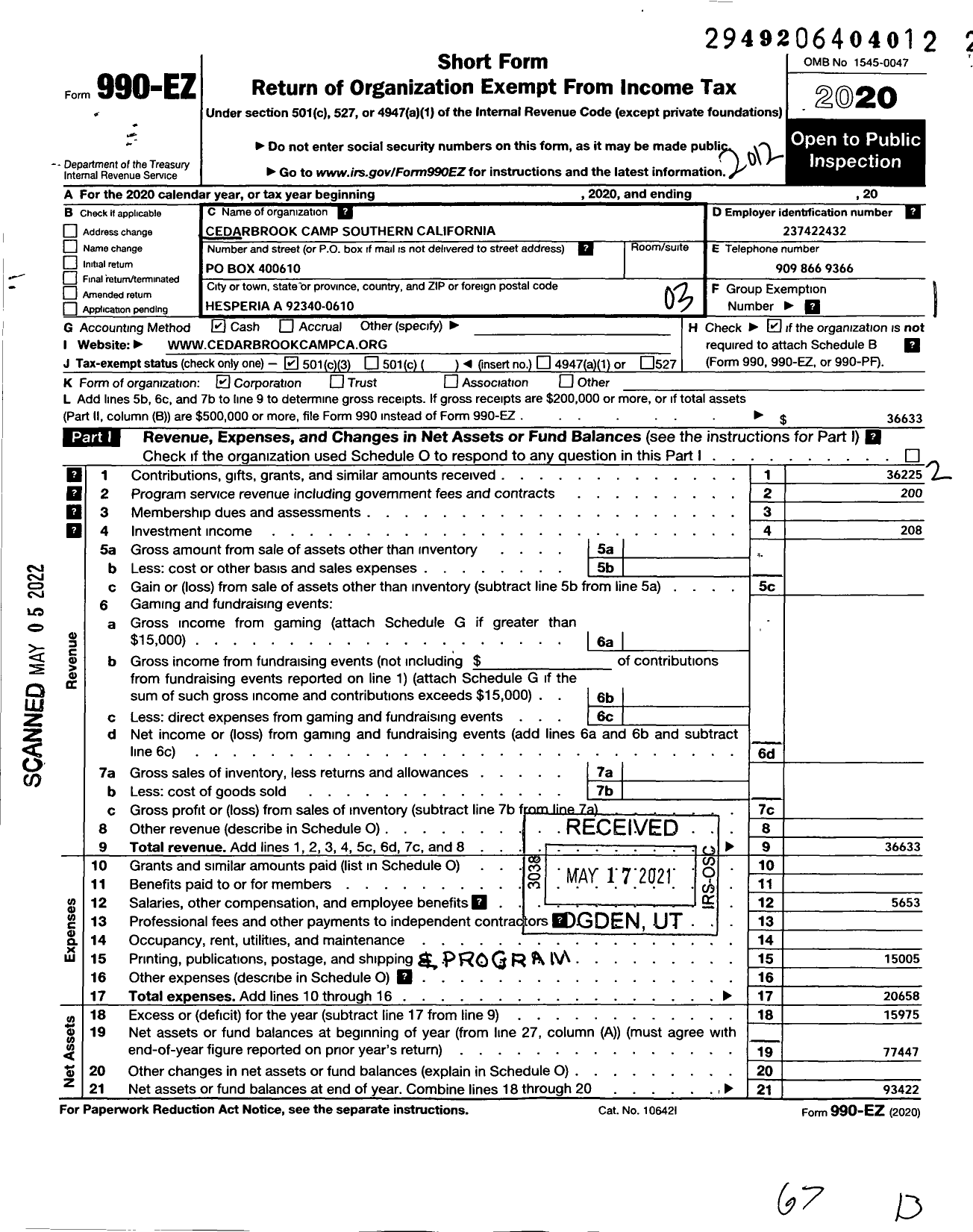 Image of first page of 2020 Form 990EZ for Cedarbrook Camp Southern California