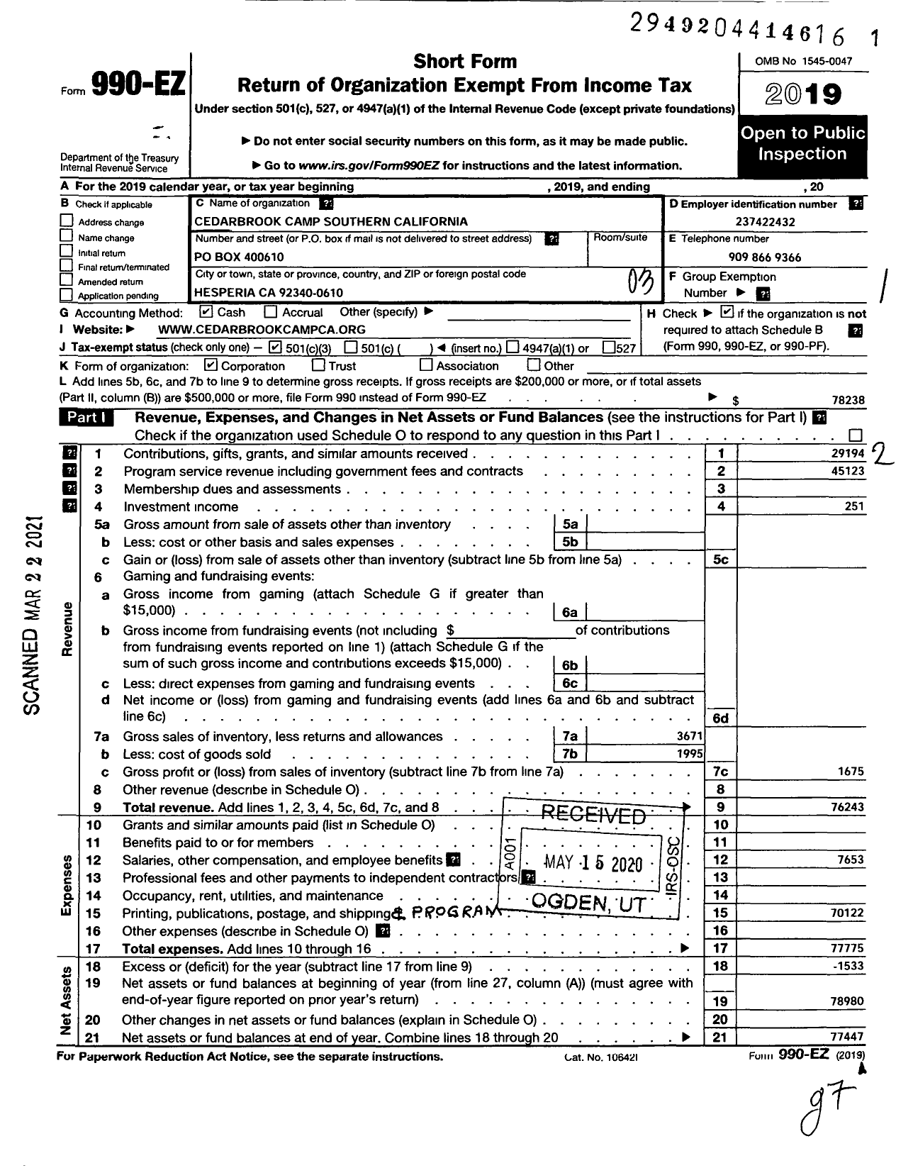 Image of first page of 2019 Form 990EZ for Cedarbrook Camp Southern California