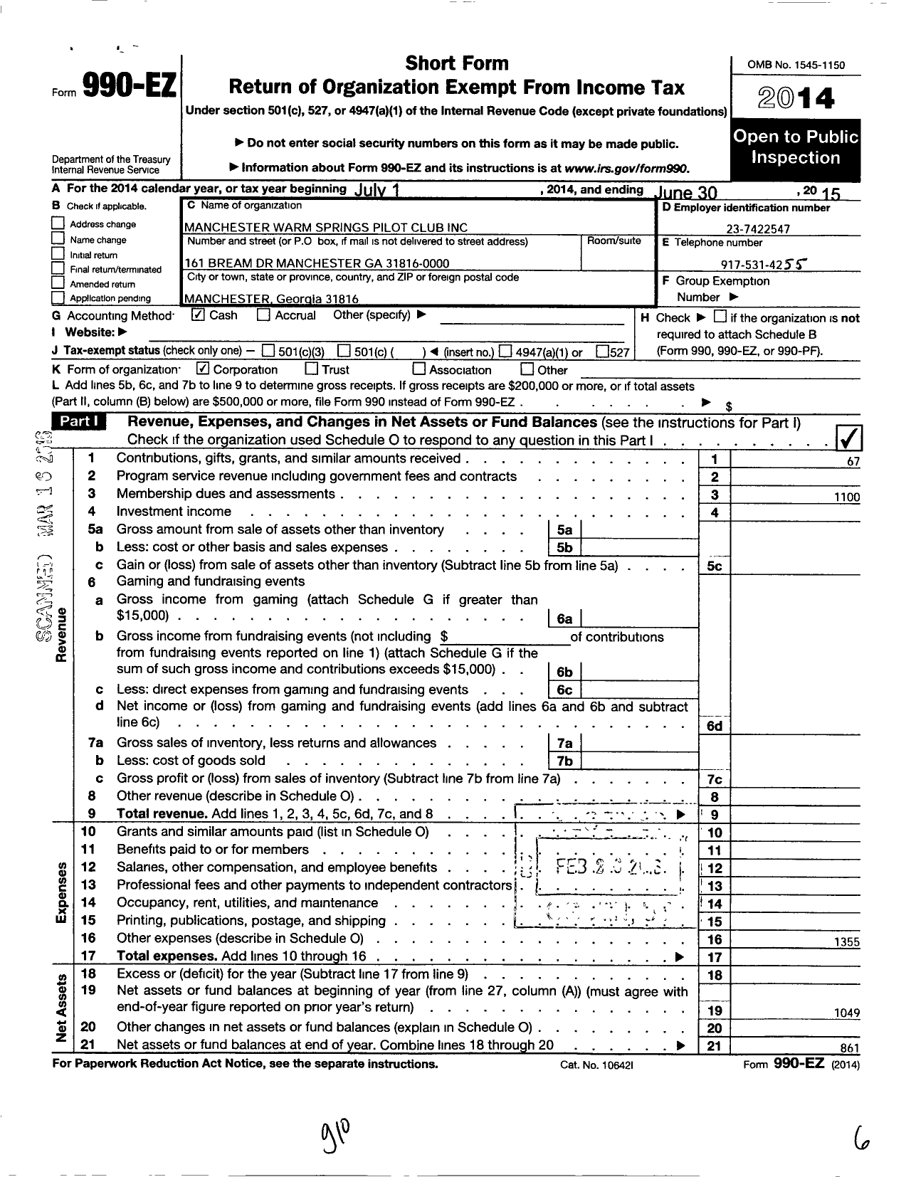 Image of first page of 2014 Form 990EO for Manchester Warm Springs Pilot Club