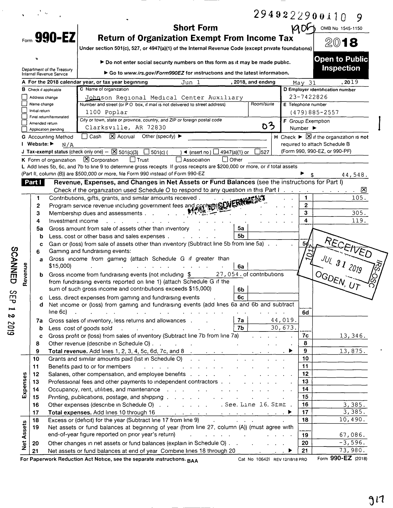 Image of first page of 2018 Form 990EZ for Johnson Regional Medical Center Auxiliary