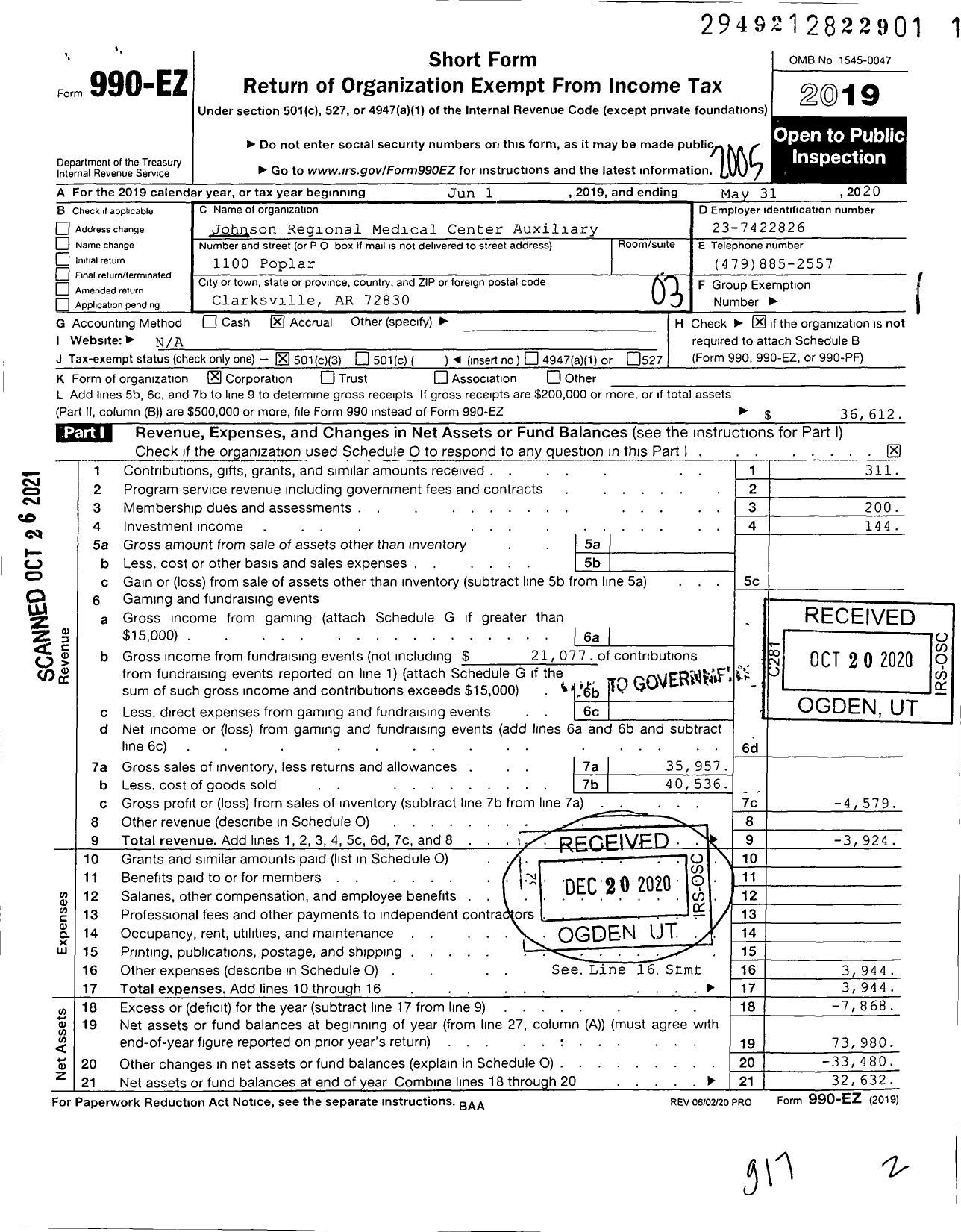 Image of first page of 2019 Form 990EZ for Johnson Regional Medical Center Auxiliary
