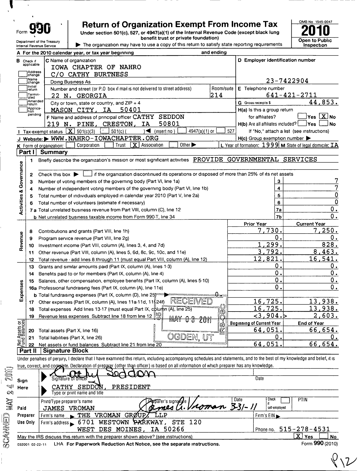 Image of first page of 2010 Form 990 for National Association of Housing and Redevelopment Officials / Iowa Chapter of Nahro