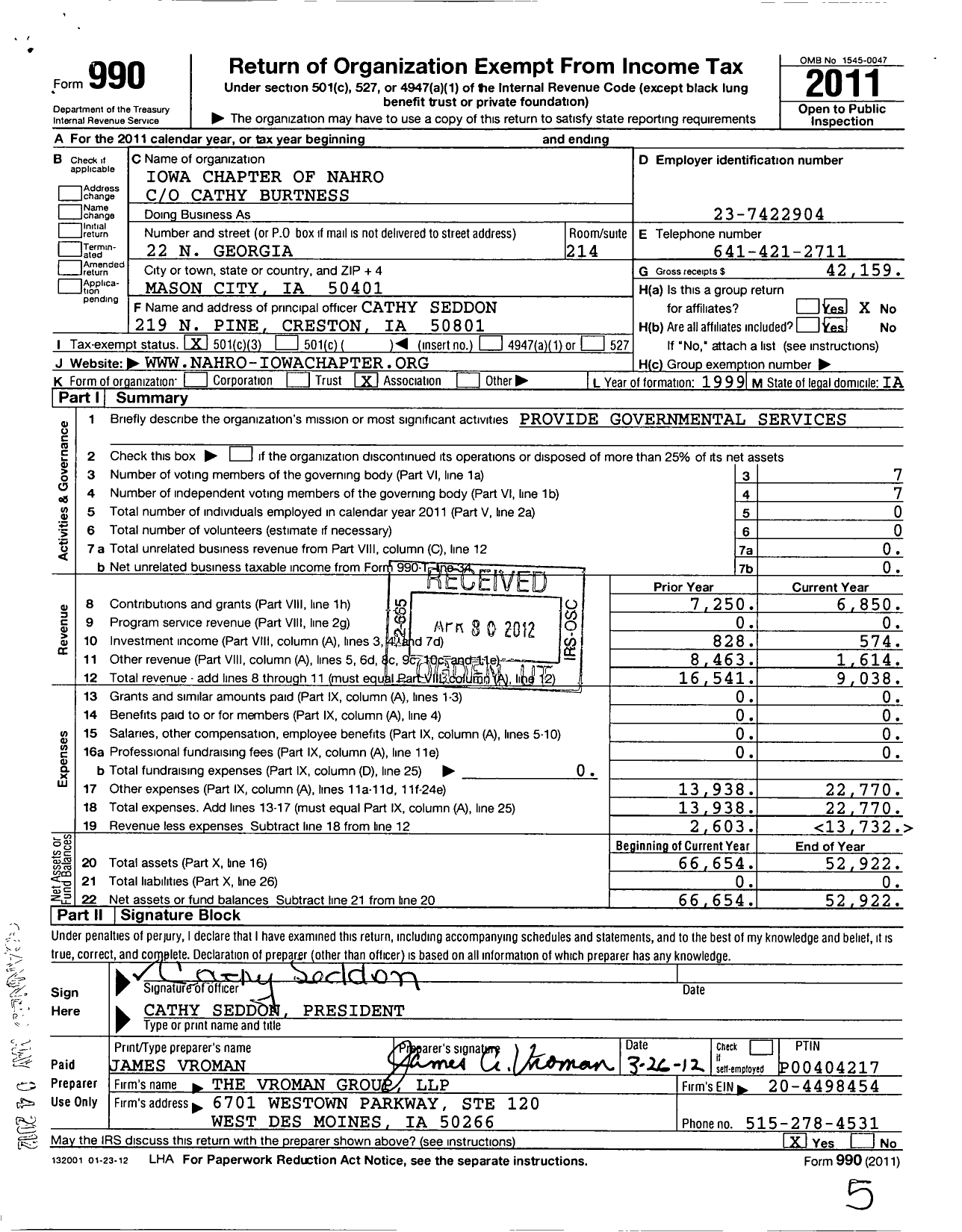 Image of first page of 2011 Form 990 for National Association of Housing and Redevelopment Officials / Iowa Chapter of Nahro