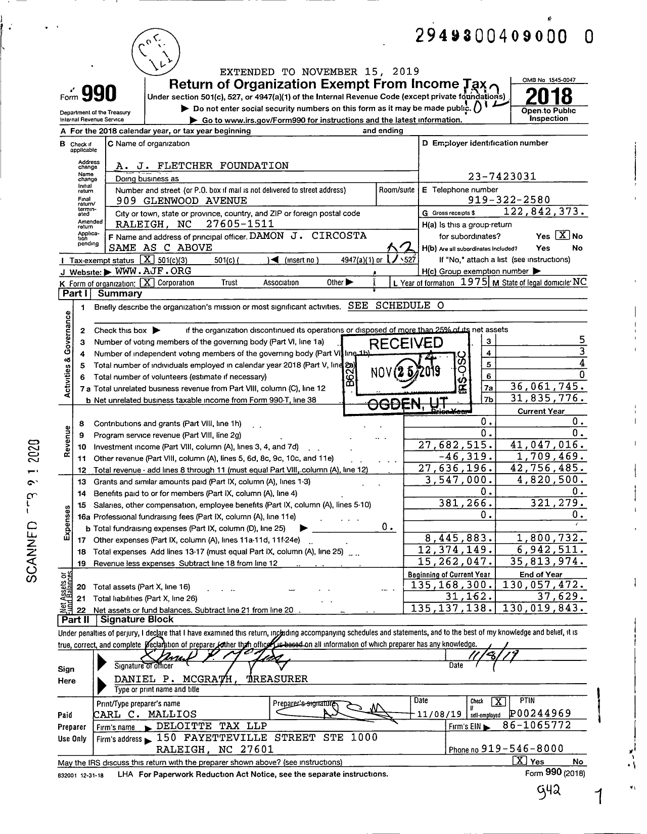 Image of first page of 2018 Form 990 for A J Fletcher Foundation (AJF)
