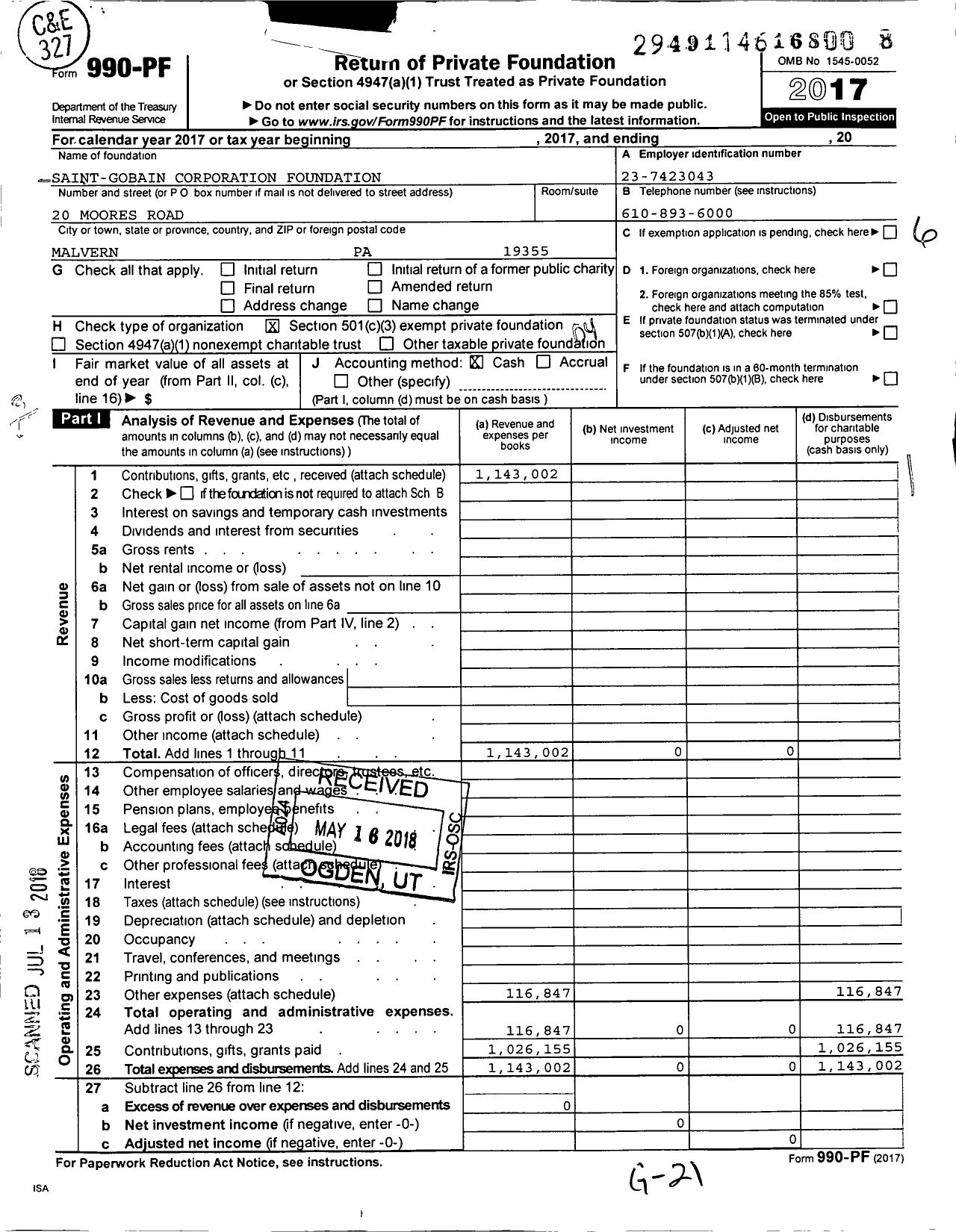 Image of first page of 2017 Form 990PF for Saint-Gobain Corporation Foundation