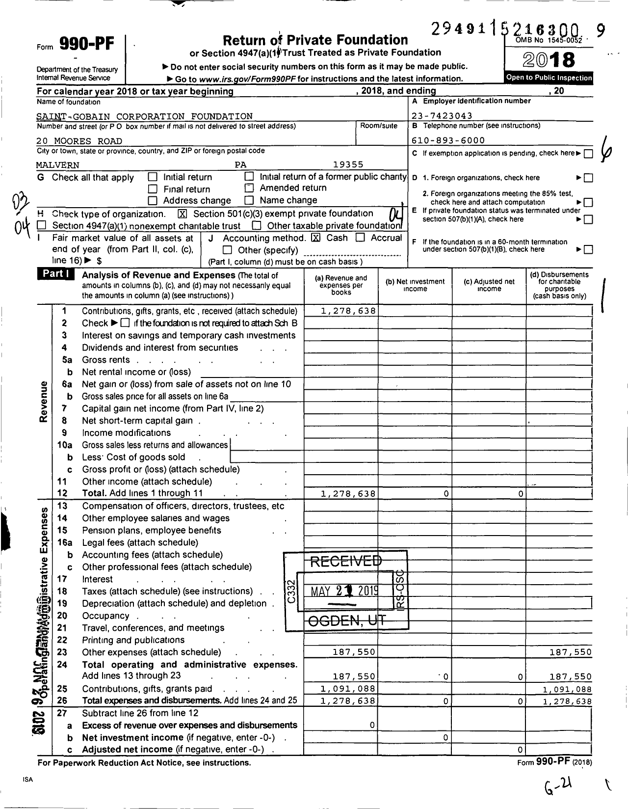 Image of first page of 2018 Form 990PF for Saint-Gobain Corporation Foundation
