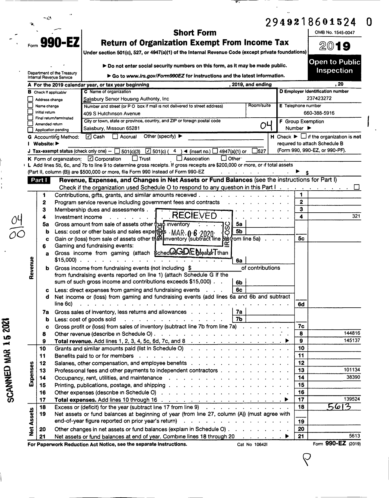 Image of first page of 2019 Form 990EO for Salisbury Senior Citizens Housing Authority