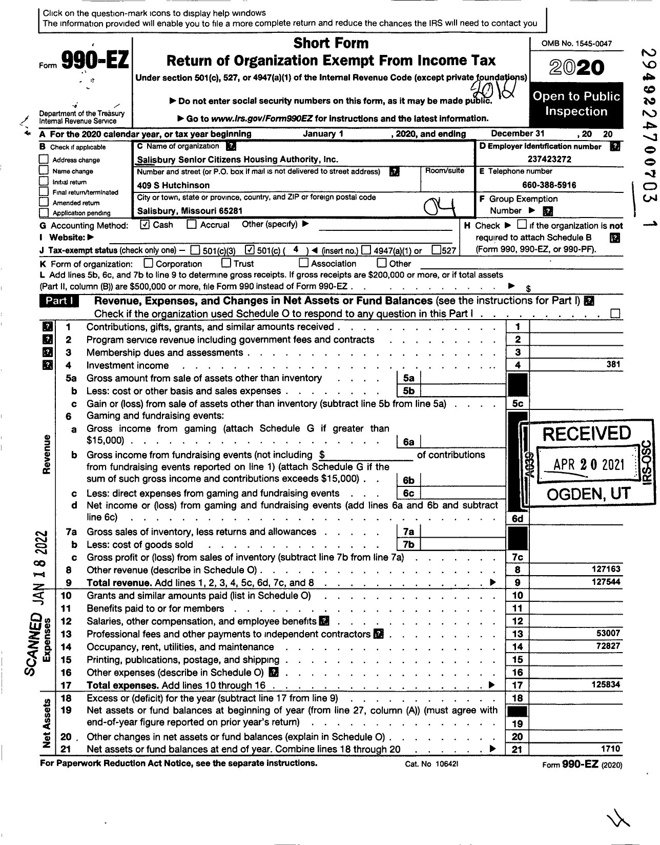 Image of first page of 2020 Form 990EO for Salisbury Senior Citizens Housing Authority