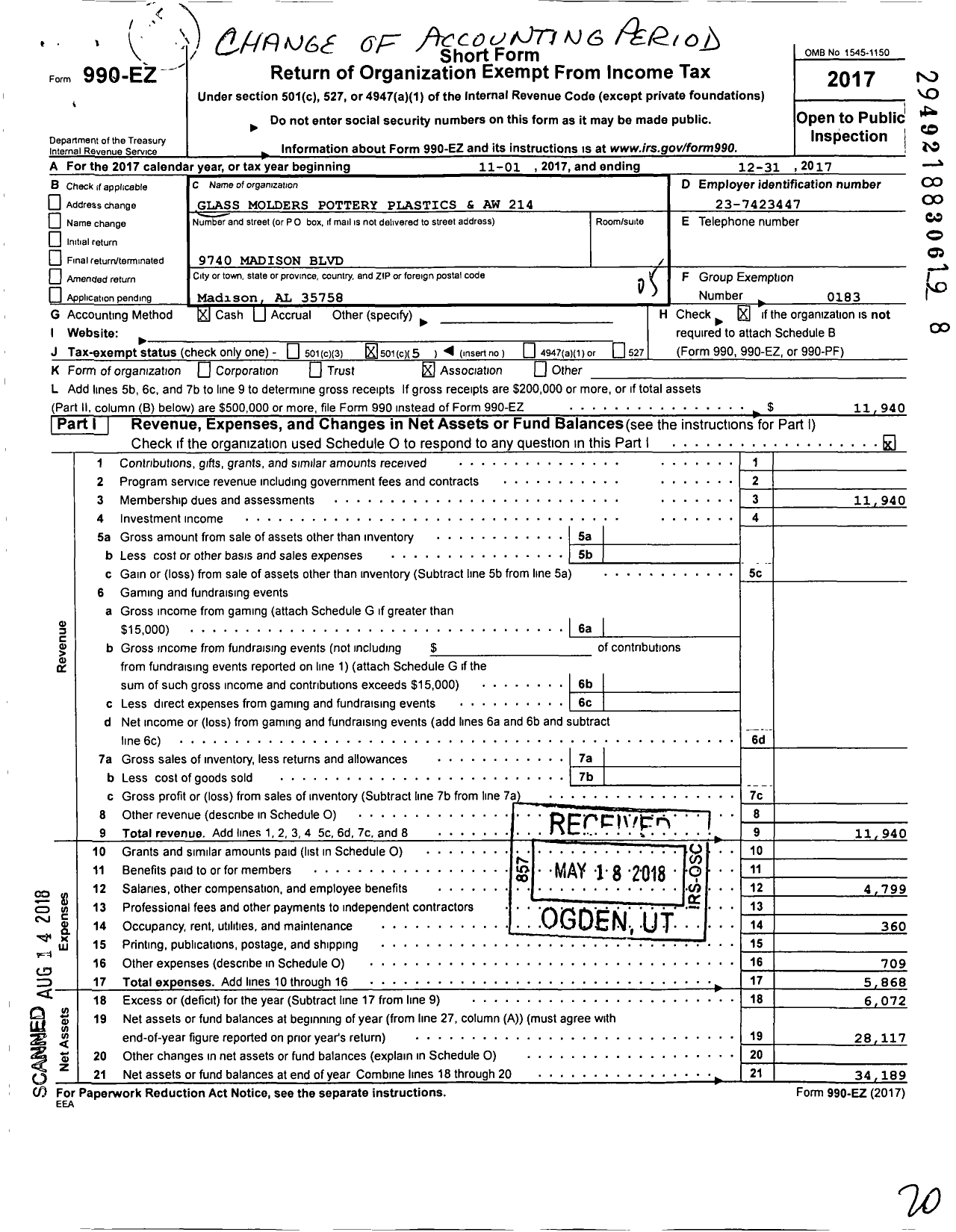 Image of first page of 2017 Form 990EO for United Steelworkers - 00214M Local