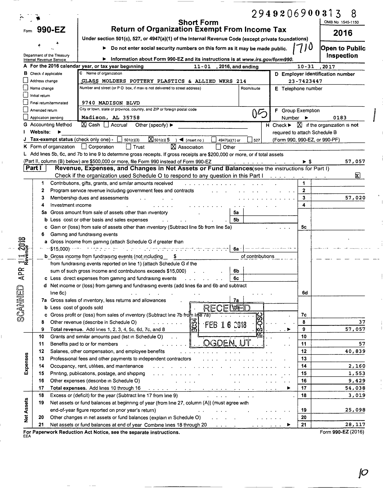 Image of first page of 2016 Form 990EO for United Steelworkers - 00214M Local