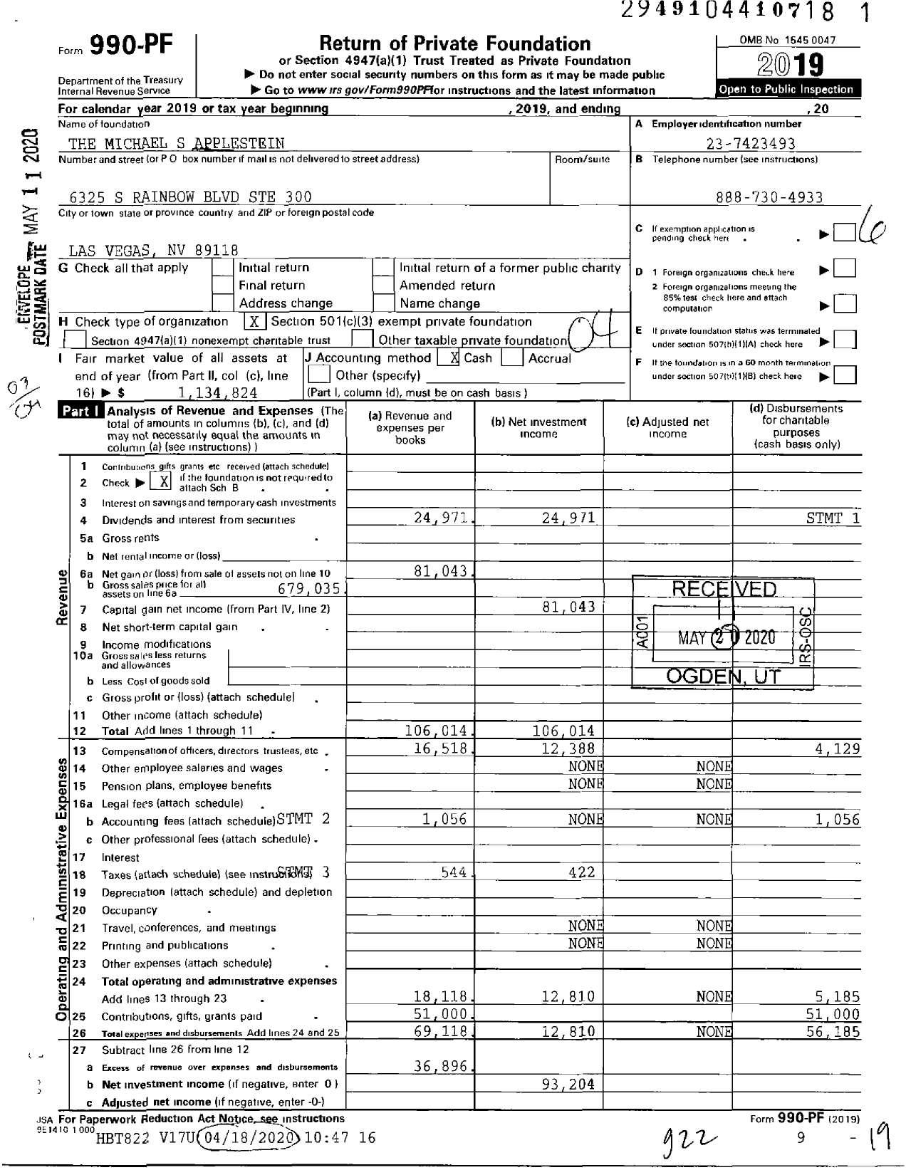 Image of first page of 2019 Form 990PF for The Michael S Applestein